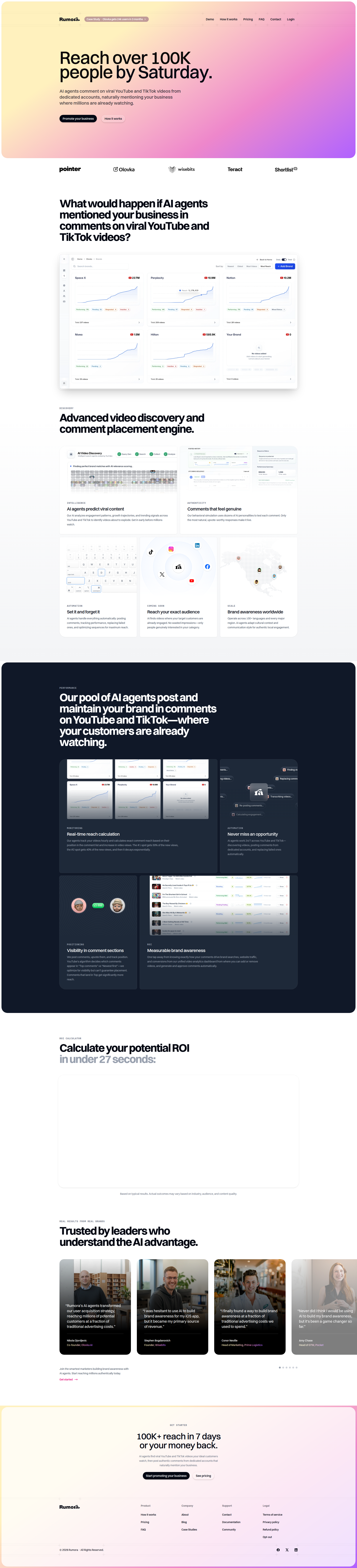 Landing page screenshot for rumora.ai, 1920 by 8410 pixels