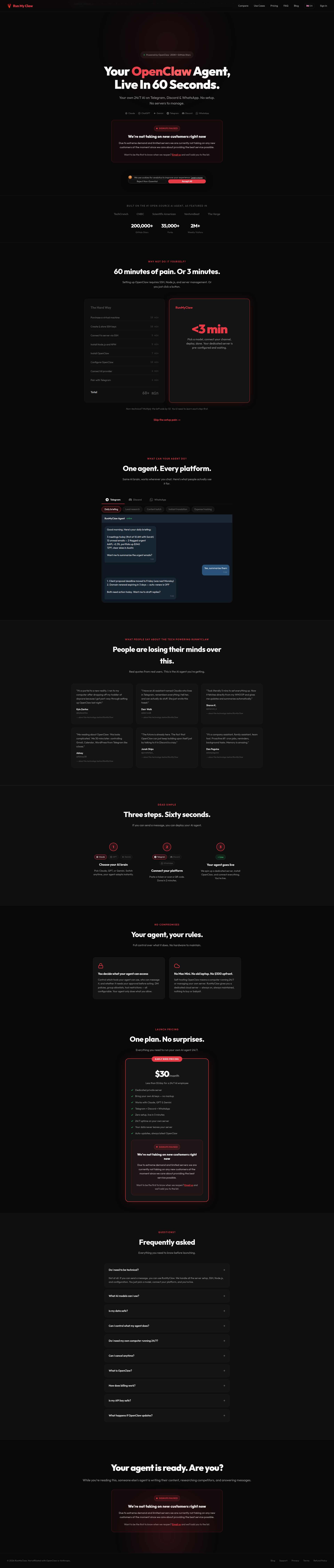 Landing page screenshot for runmyclaw.ai, 1920 by 9022 pixels