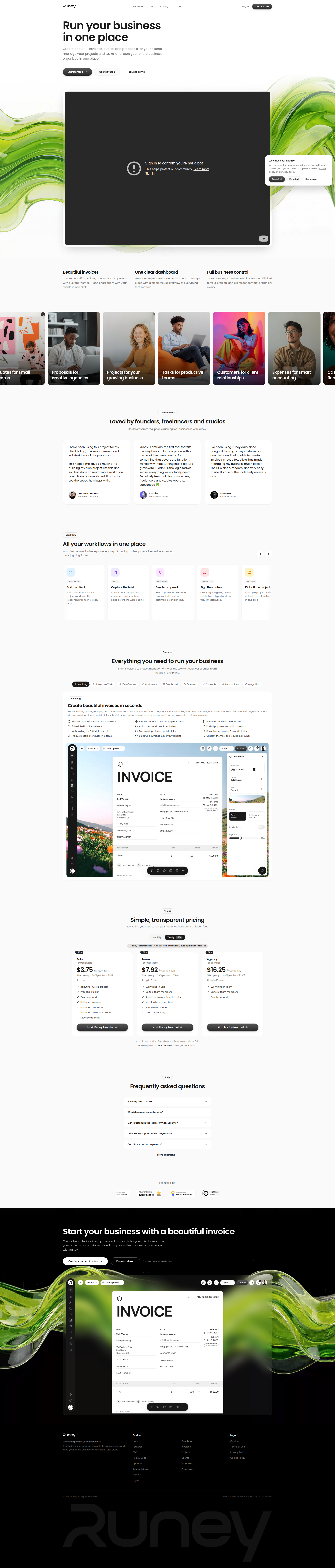 Landing page screenshot for runey.app, 1920 by 8991 pixels