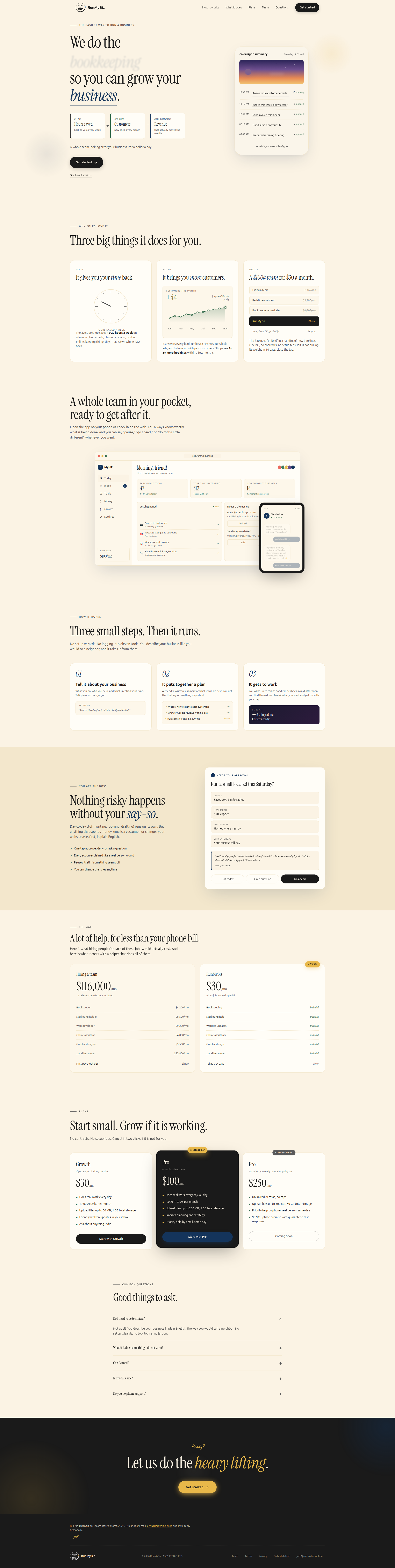 Landing page screenshot for runmybiz.online, 1920 by 7616 pixels