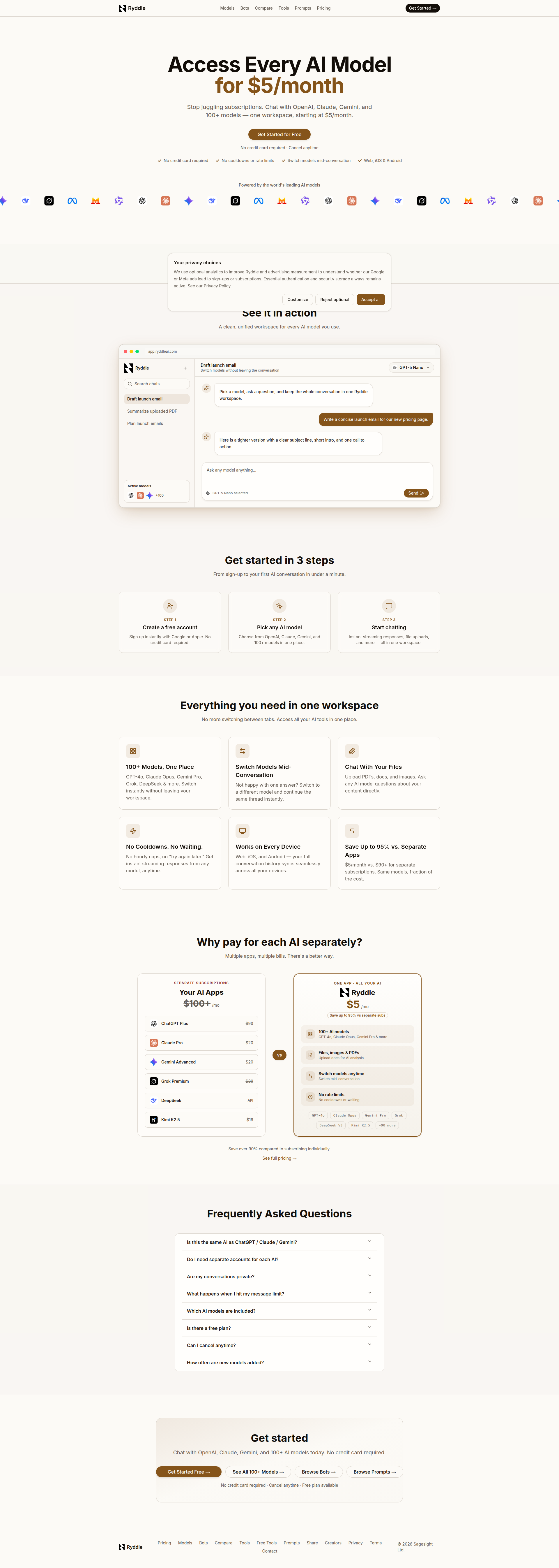 Landing page screenshot for ryddleai.com, 1920 by 5380 pixels