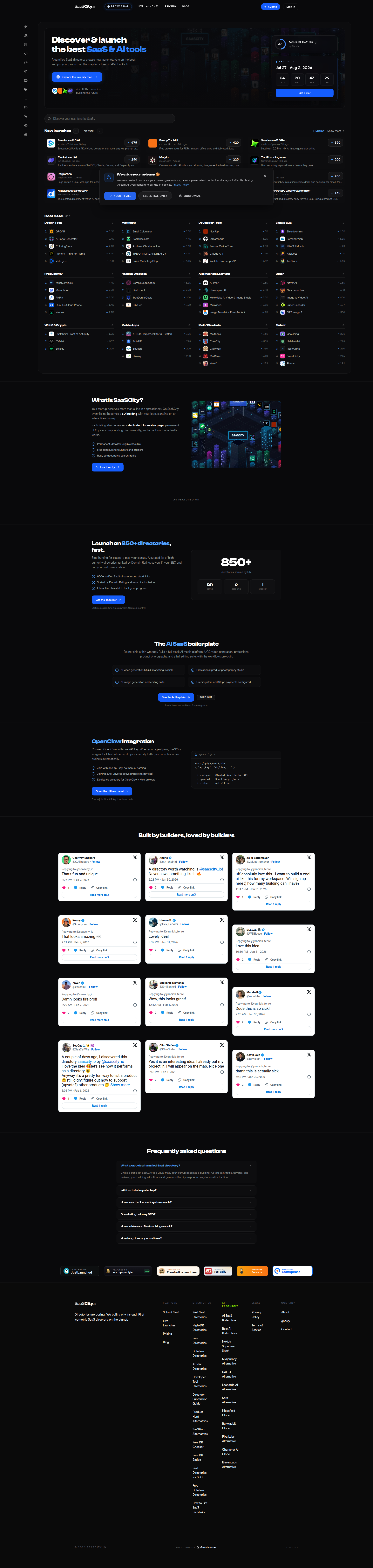 Landing page screenshot for saascity.io, 1920 by 8068 pixels
