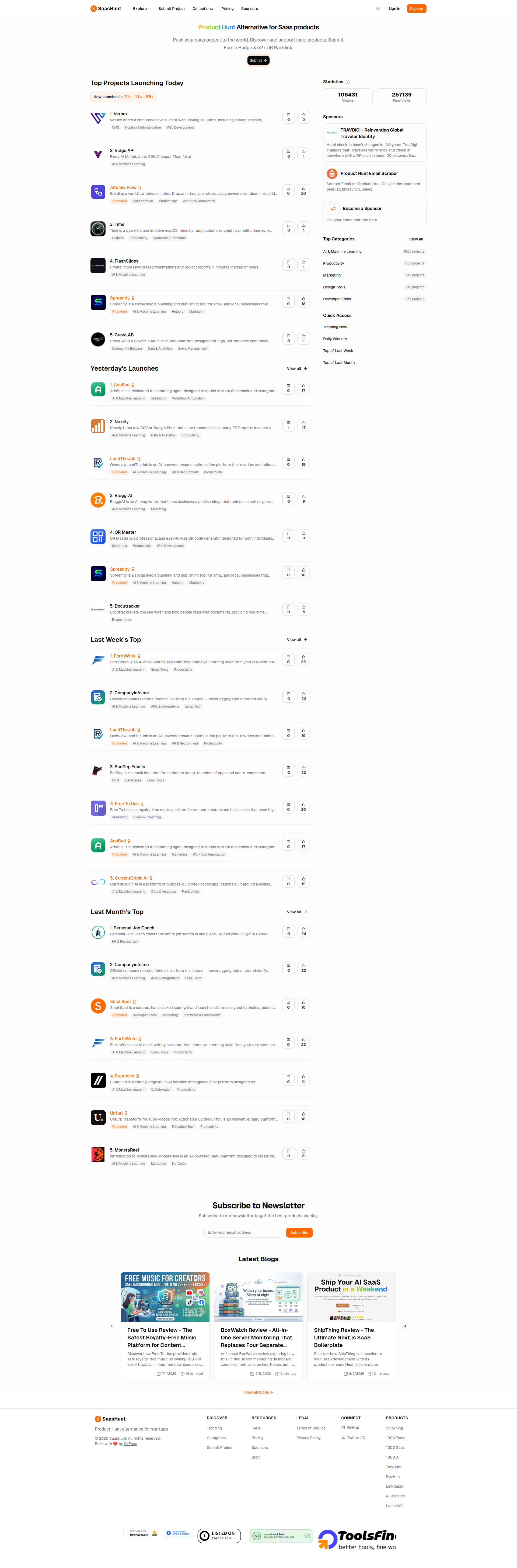 Landing page screenshot for saashunt.best, 1920 by 5817 pixels