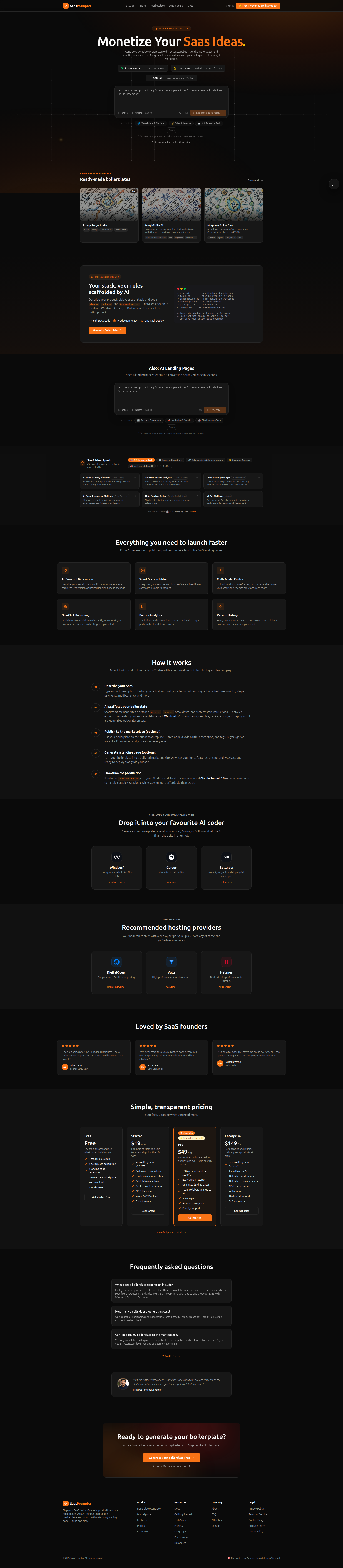 Landing page screenshot for saasprompter.com, 1920 by 8773 pixels