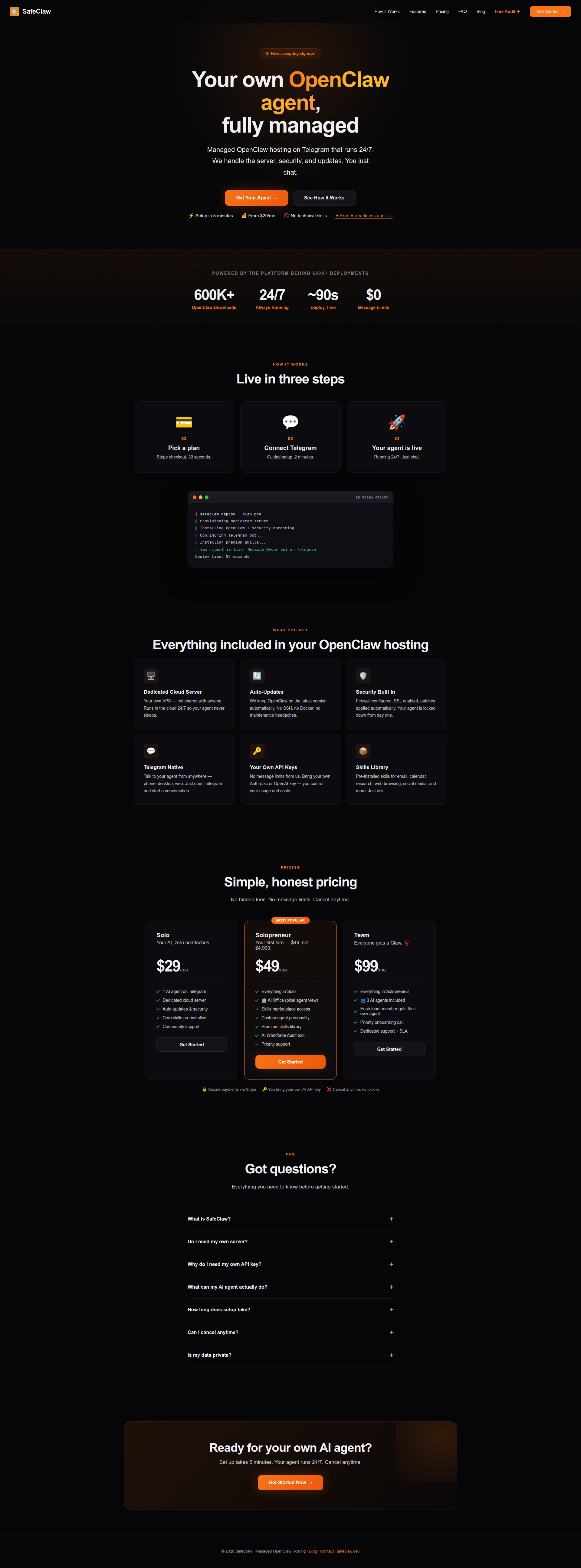 Landing page screenshot for safeclaw.dev, 1920 by 5181 pixels
