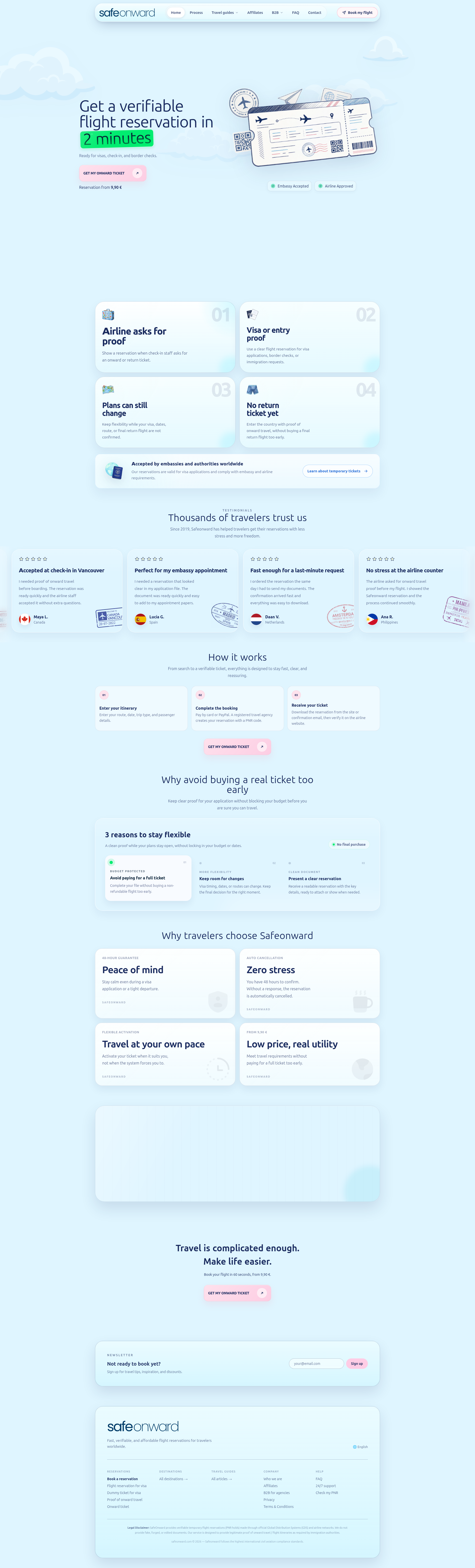 Landing page screenshot for safeonward.com, 1920 by 6337 pixels