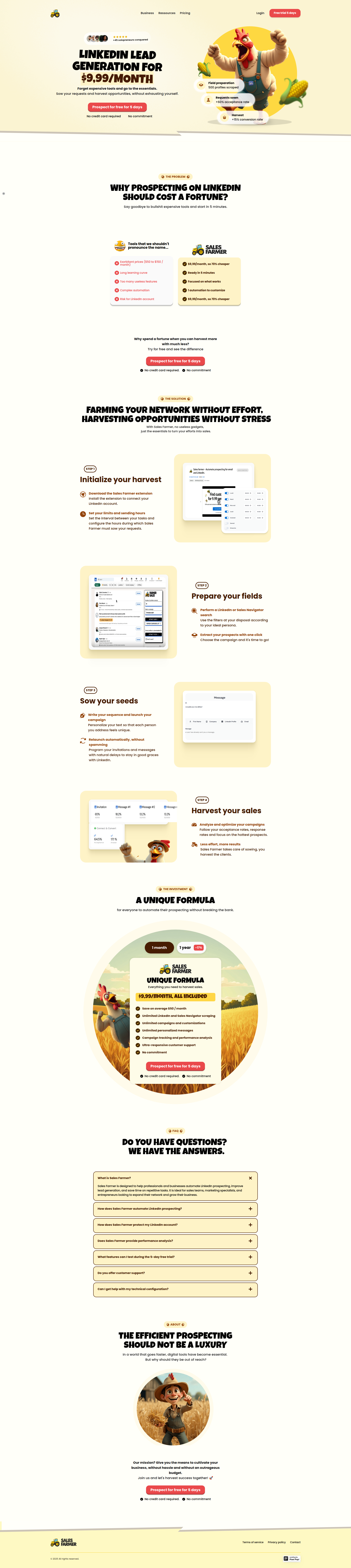 Landing page screenshot for sales-farmer.com, 1920 by 8586 pixels