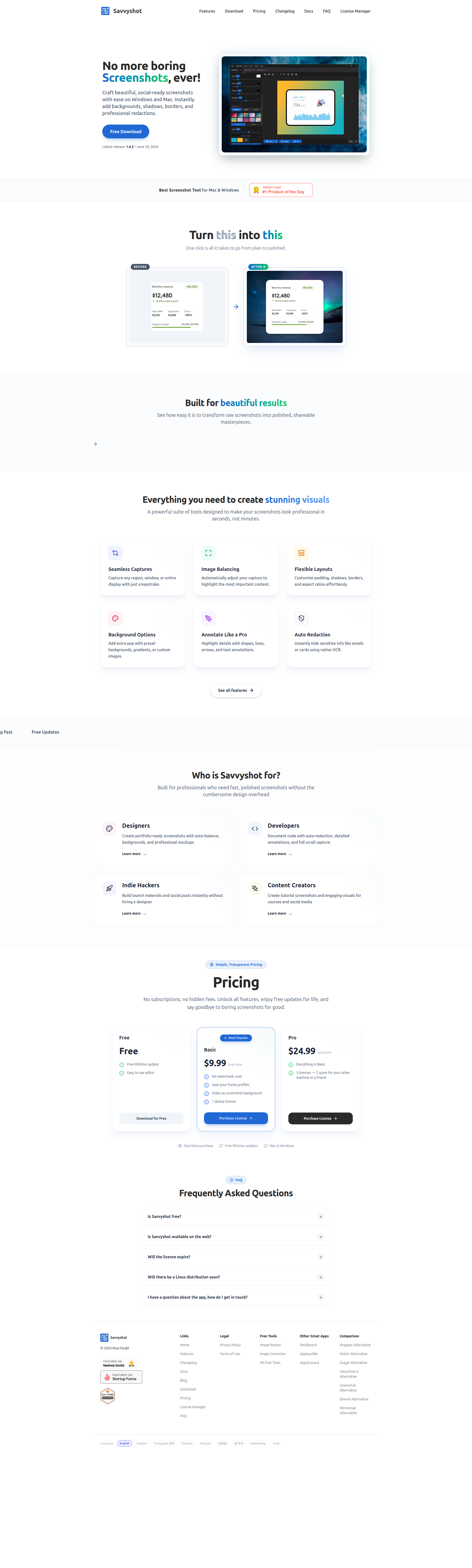 Landing page screenshot for savvyshot.app, 1920 by 6369 pixels