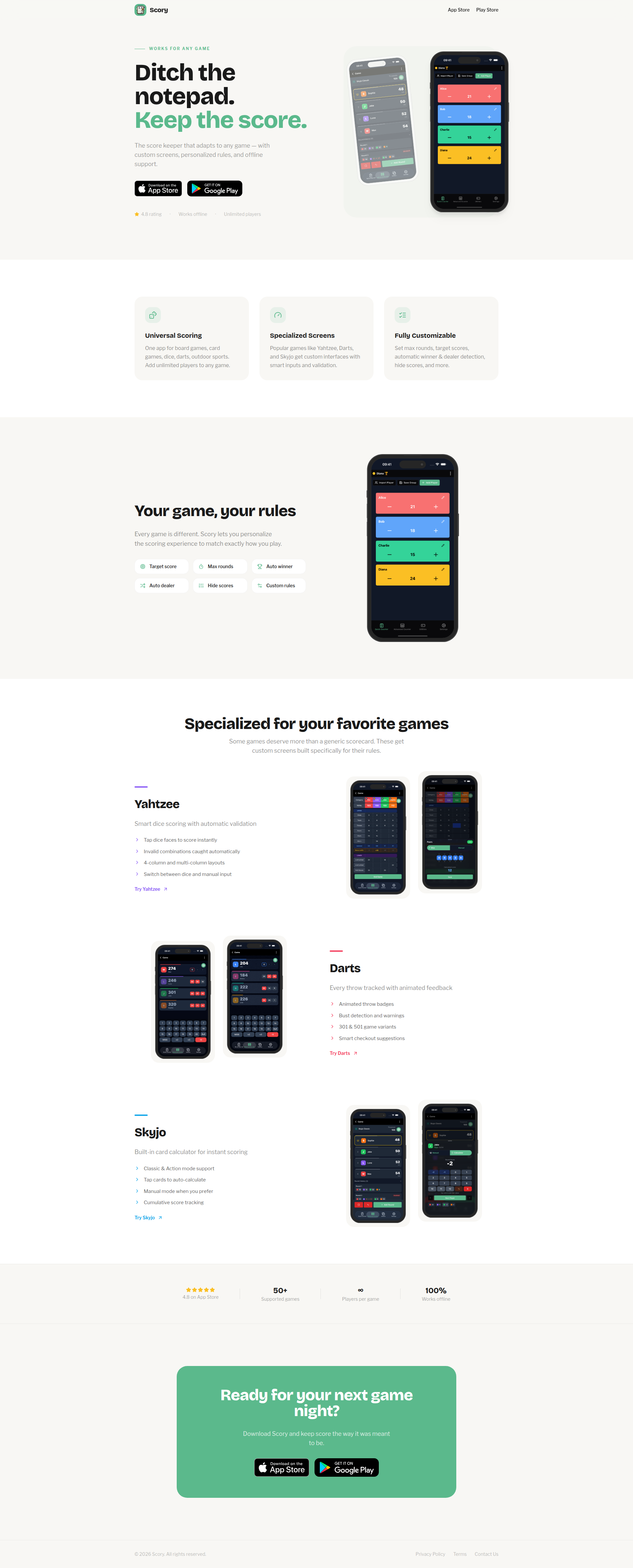 Landing page screenshot for getscory.com, 1920 by 4758 pixels