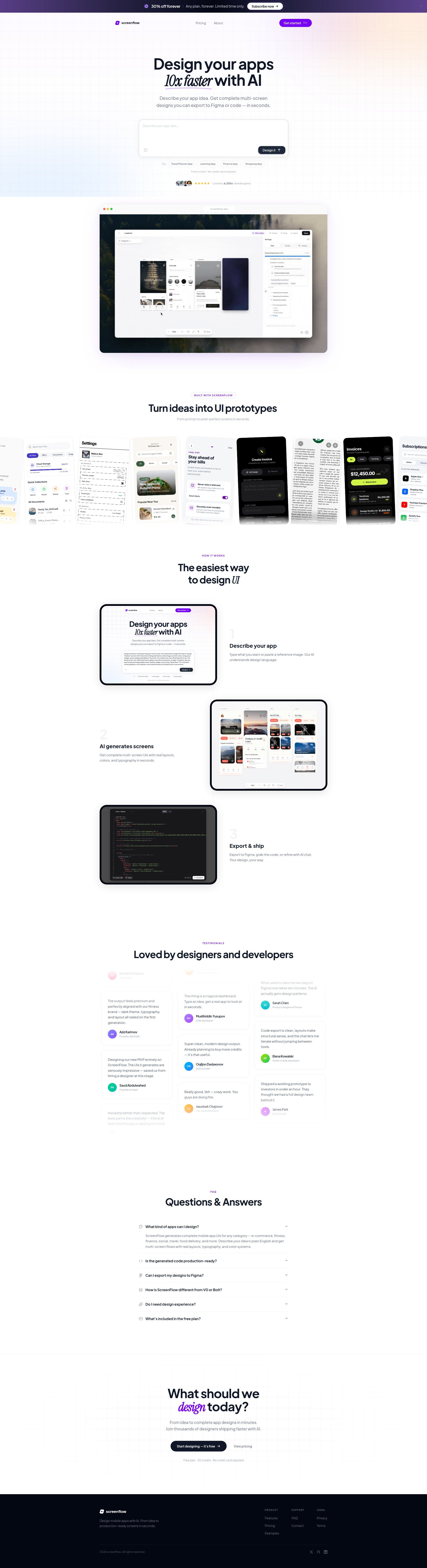 Landing page screenshot for screenflow.dev, 1920 by 7052 pixels