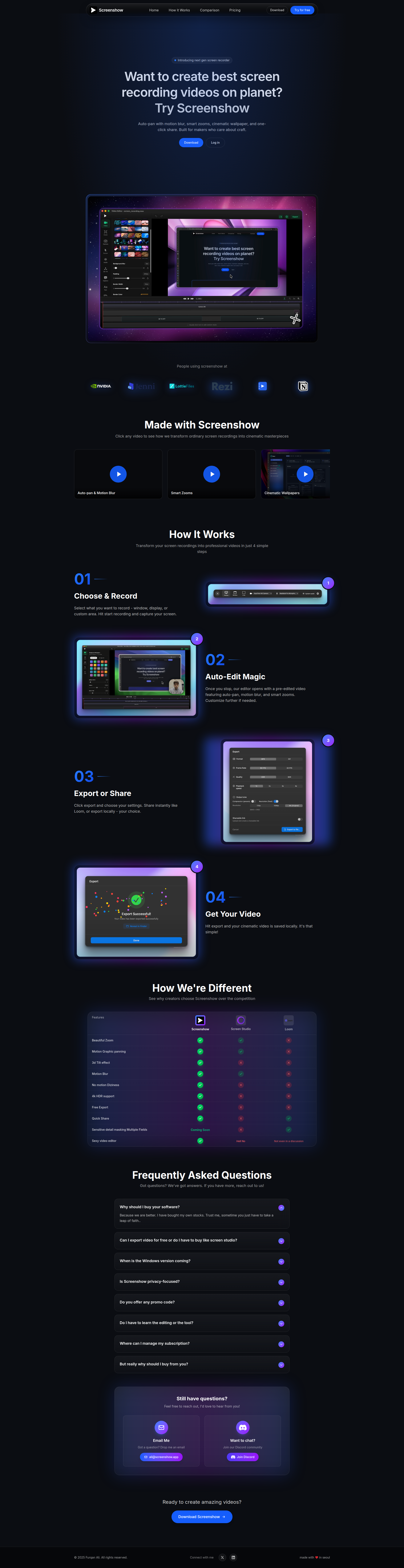 Landing page screenshot for screenshow.app, 1920 by 7444 pixels