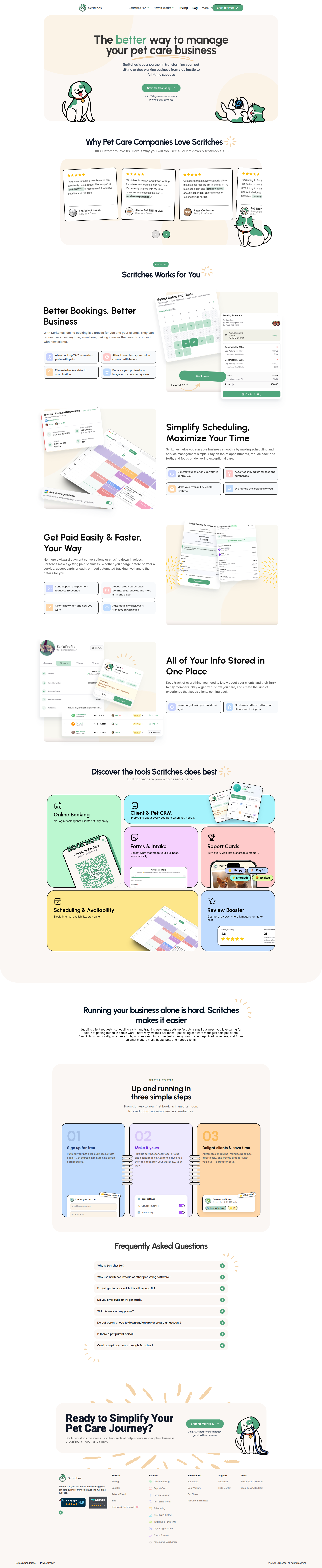 Landing page screenshot for scritches.io, 1920 by 9353 pixels
