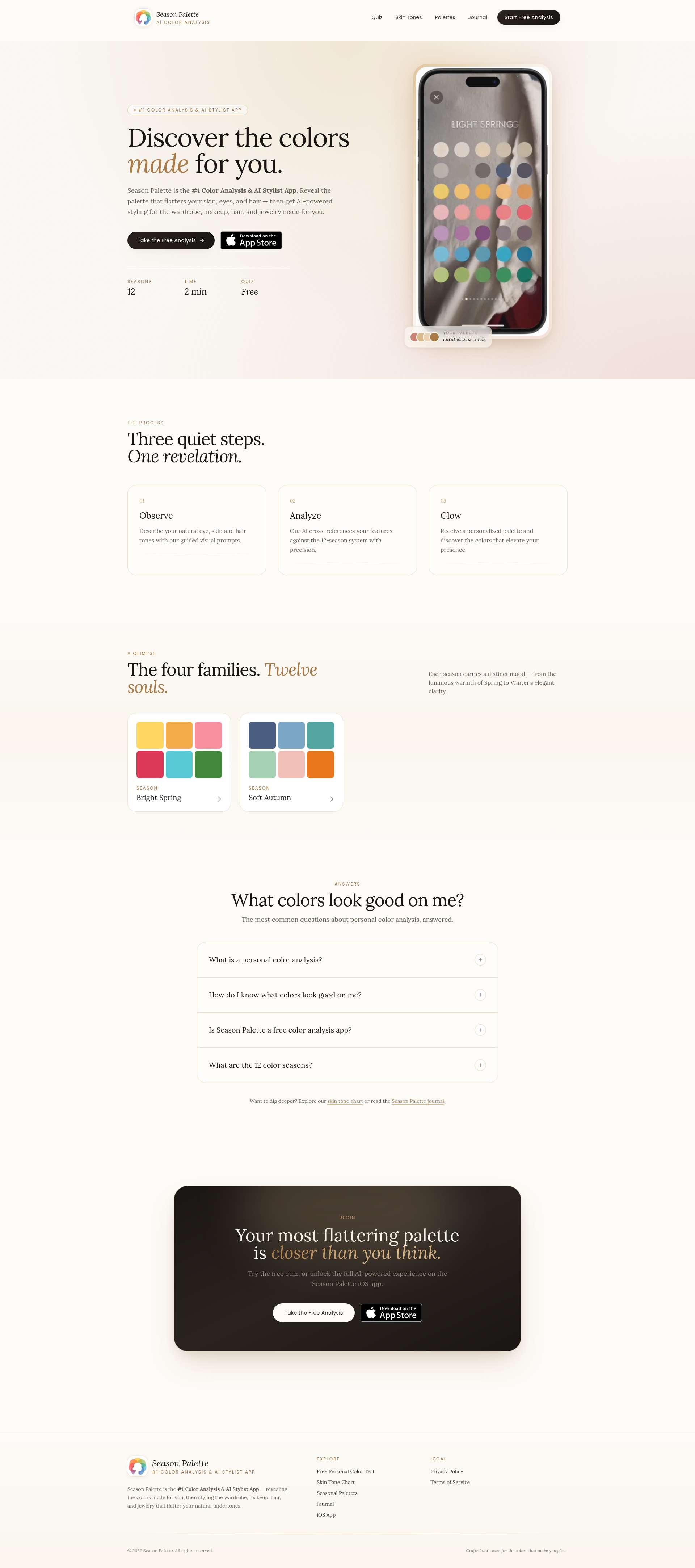 Landing page screenshot for seasonpalette.app, 1920 by 4331 pixels