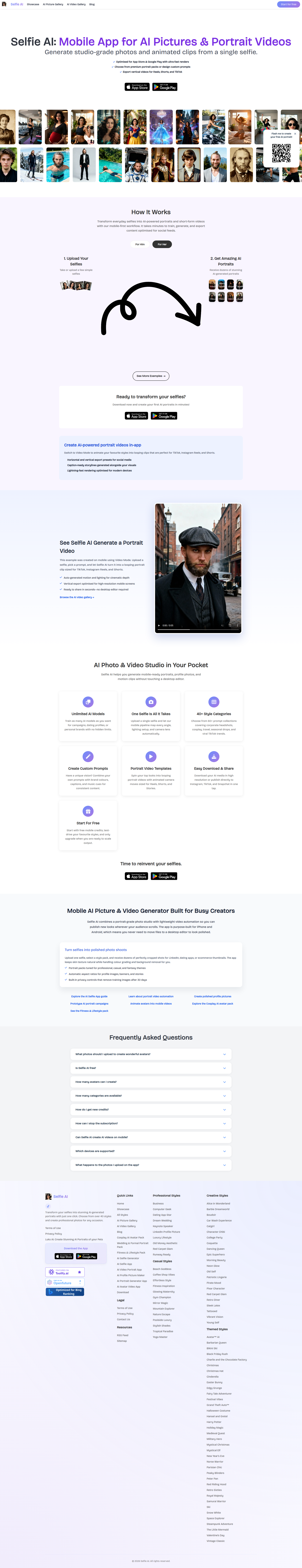 Landing page screenshot for selfieai.me, 1920 by 9962 pixels