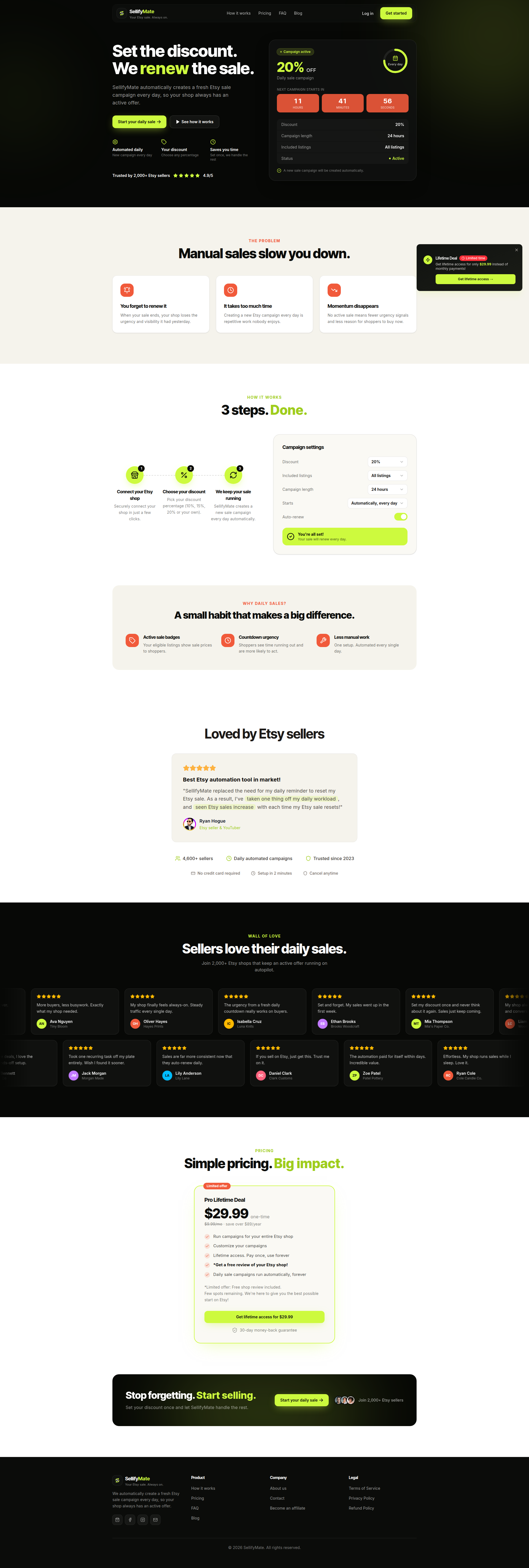 Landing page screenshot for sellifymate.com, 1920 by 5690 pixels