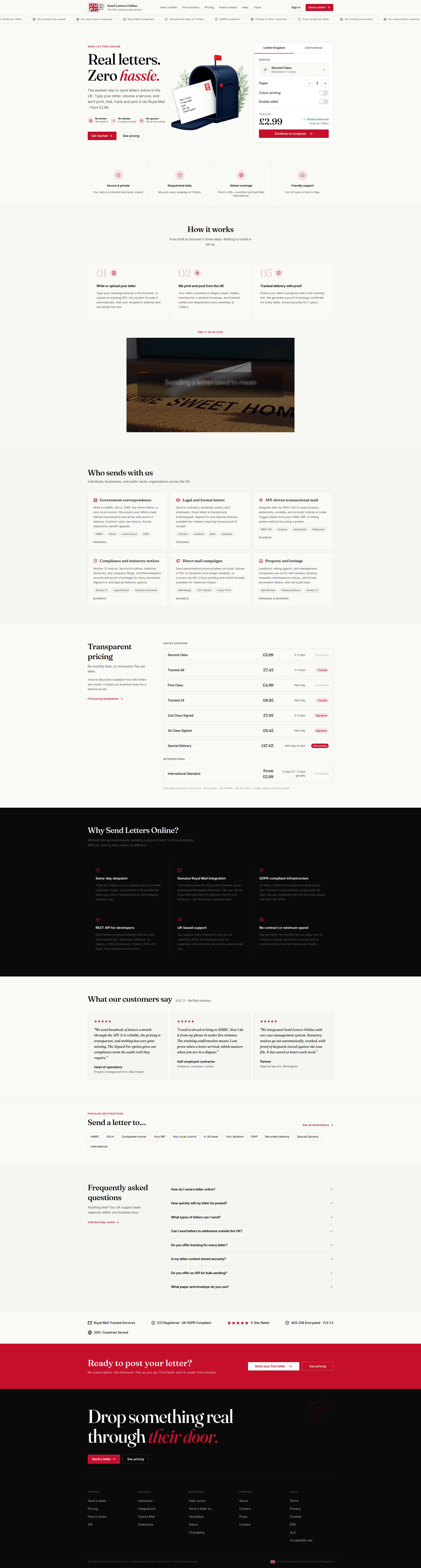 Landing page screenshot for sendlettersonline.co.uk, 1920 by 7144 pixels