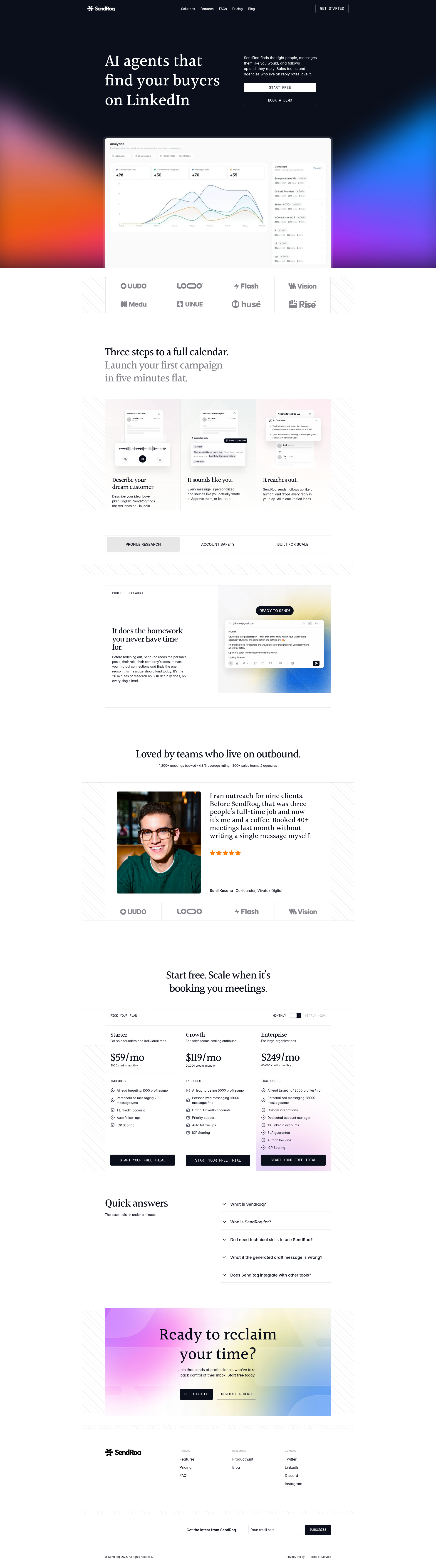 Landing page screenshot for sendroq.com, 1920 by 6902 pixels