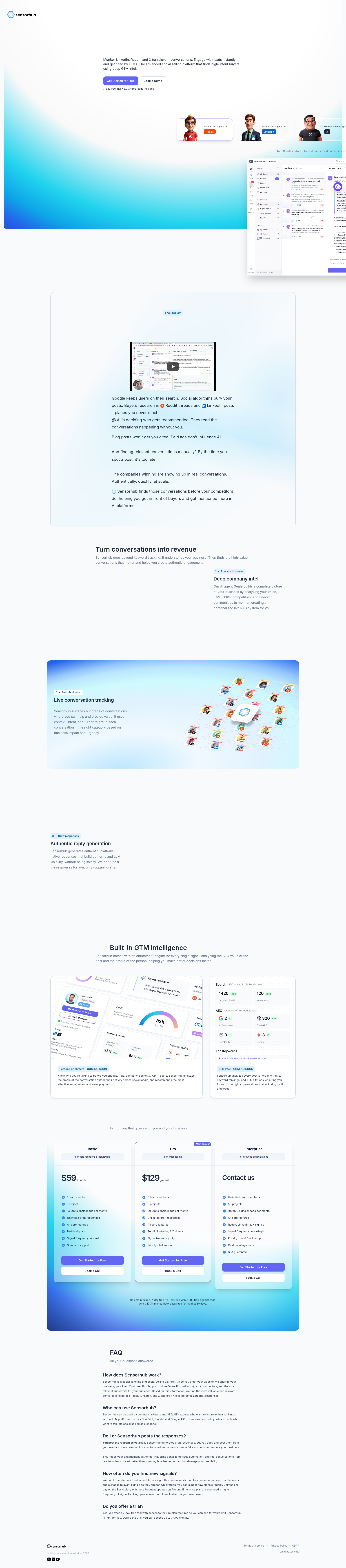 Landing page screenshot for sensorhub.ai, 1920 by 8695 pixels