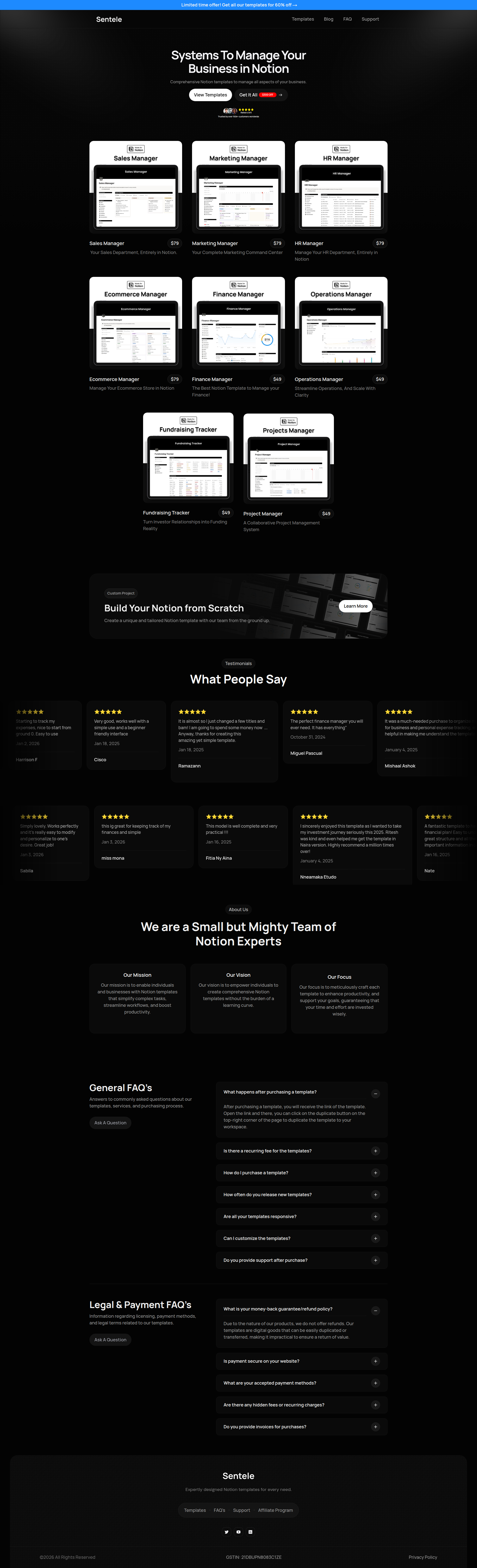 Landing page screenshot for shop.sentele.co, 1920 by 6309 pixels
