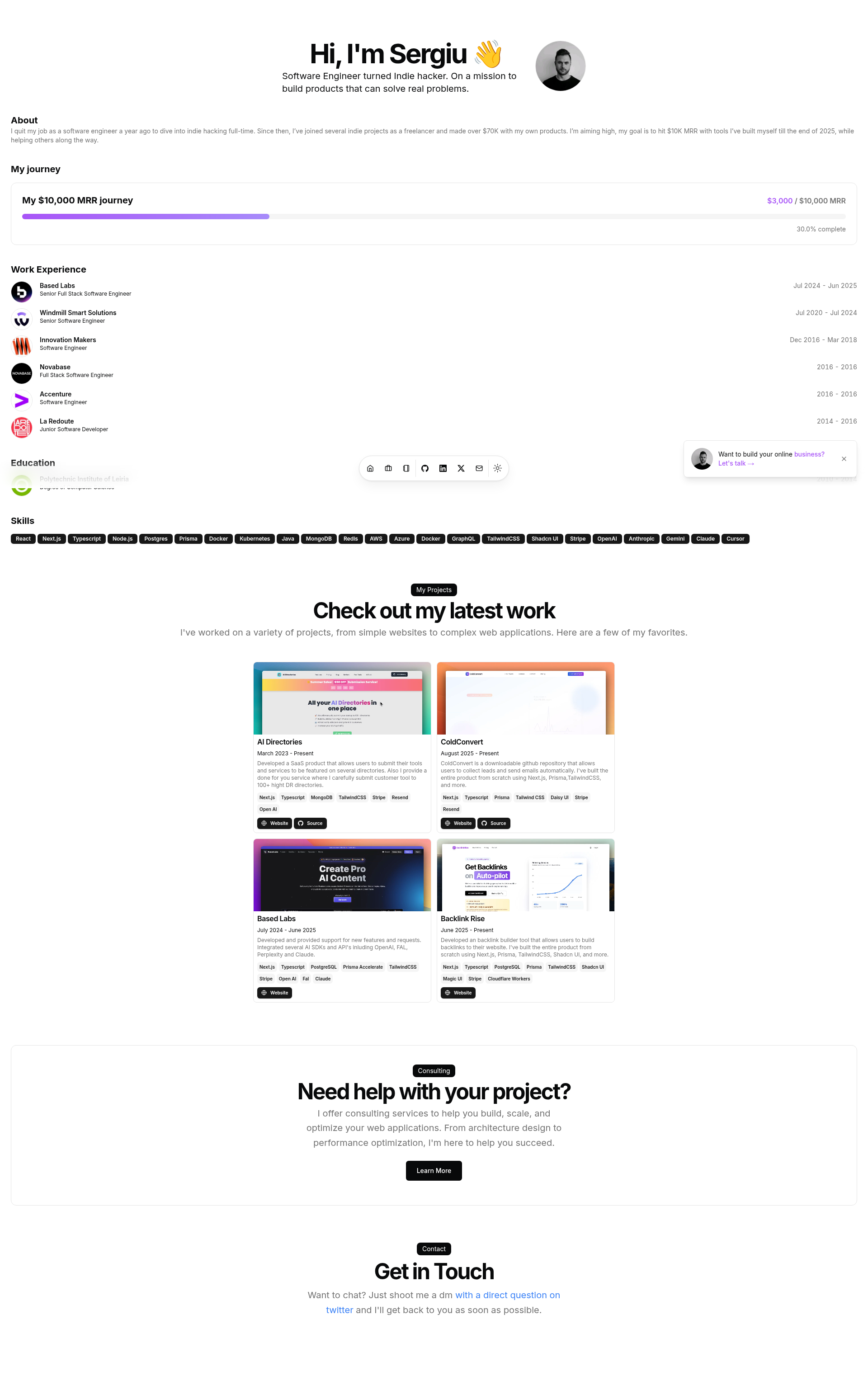 Landing page screenshot for sergiuchiriac.com, 1920 by 3064 pixels