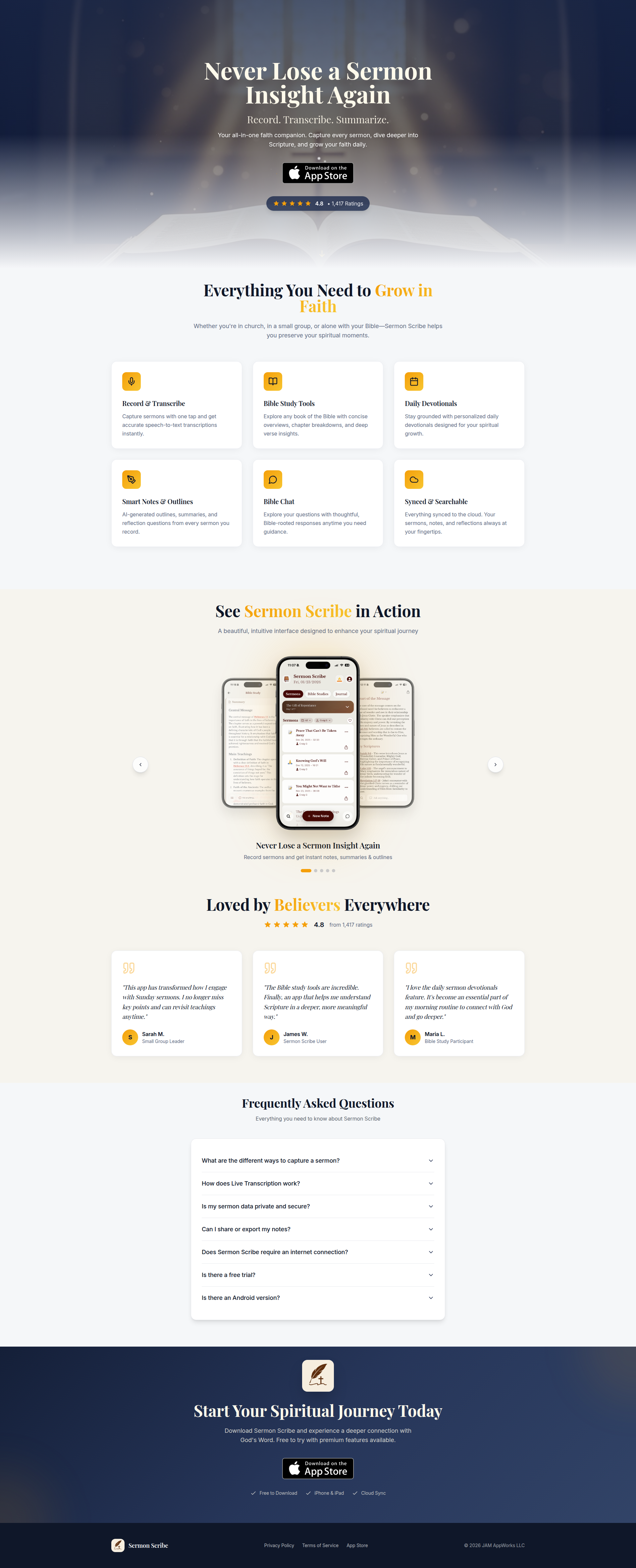 Landing page screenshot for sermonscribe.app, 1920 by 4731 pixels