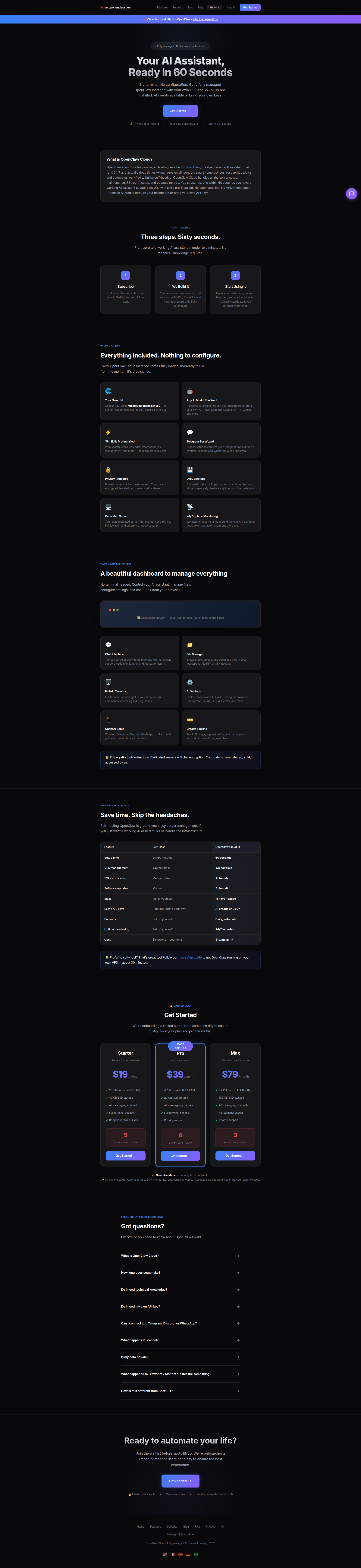 Landing page screenshot for setupopenclaw.com, 1920 by 8338 pixels