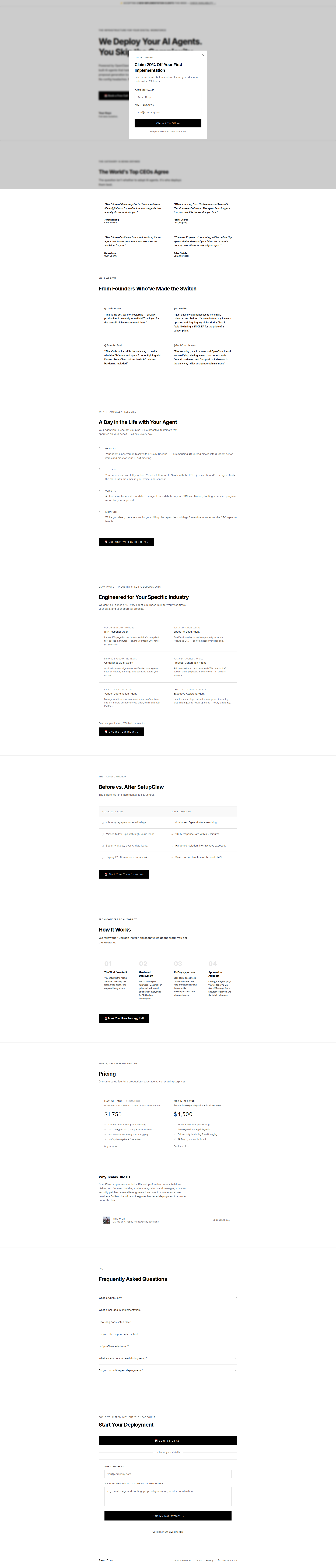 Landing page screenshot for setupclaw.live, 1920 by 8945 pixels