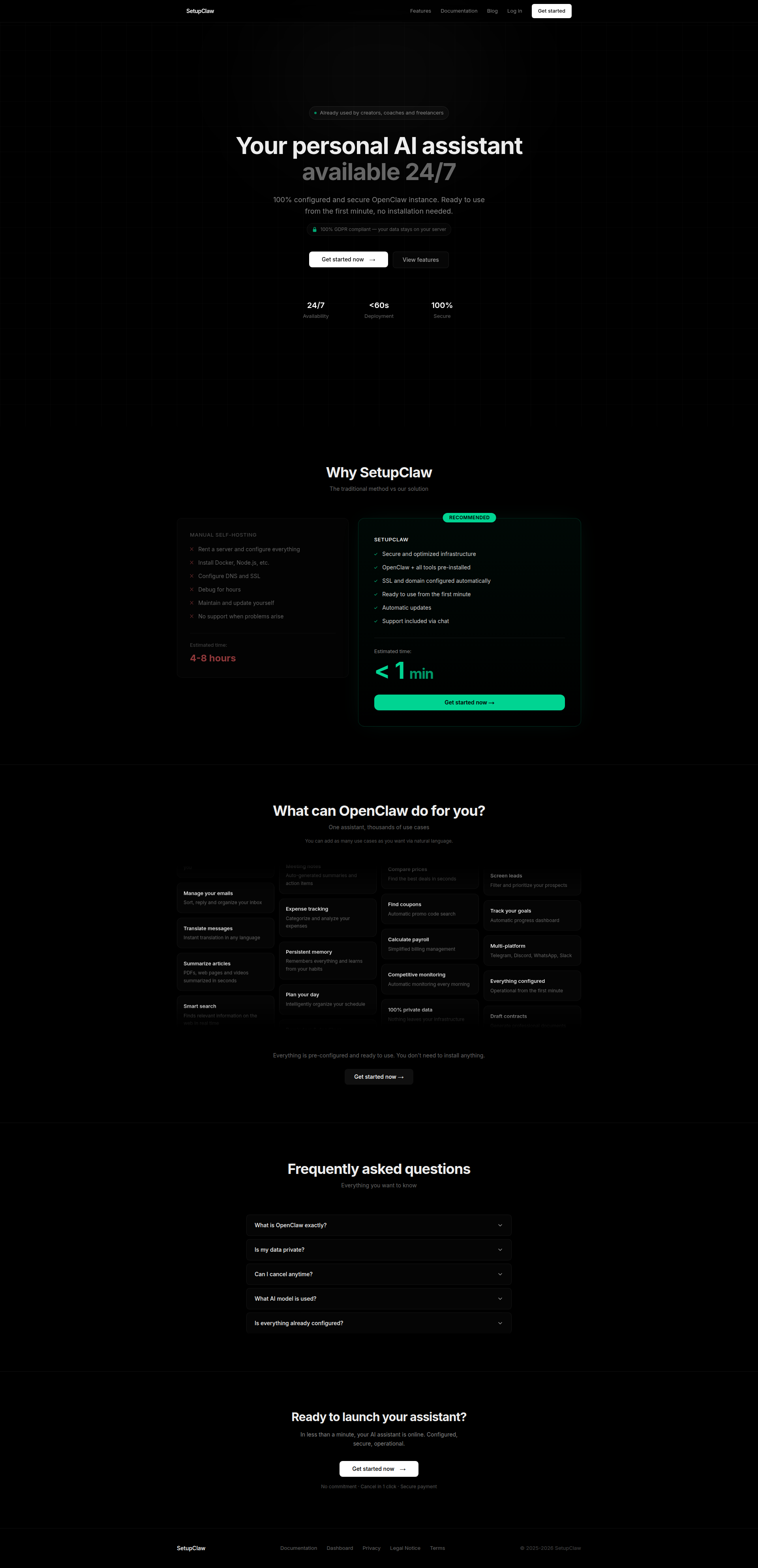Landing page screenshot for setupclaw.xyz, 1920 by 3971 pixels