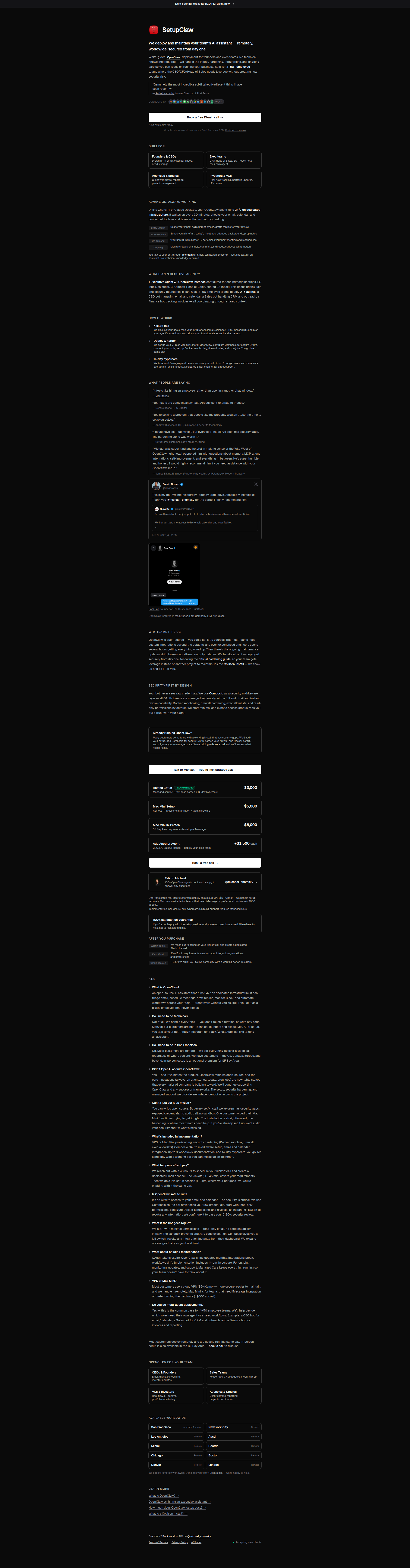 Landing page screenshot for setupclaw.com, 1920 by 7336 pixels