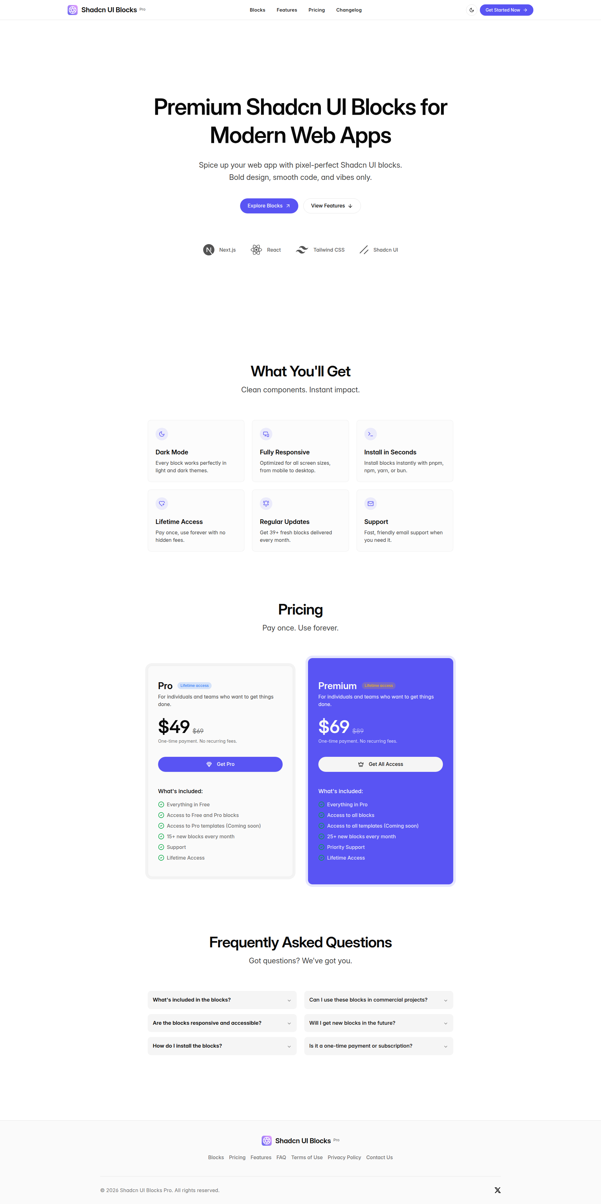 Landing page screenshot for pro.shadcnui-blocks.com, 1920 by 3842 pixels