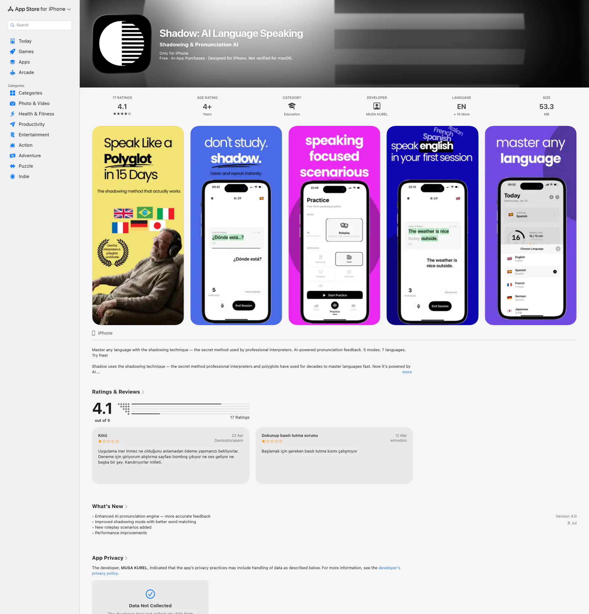 Shadow: AI Language Speaking landing page