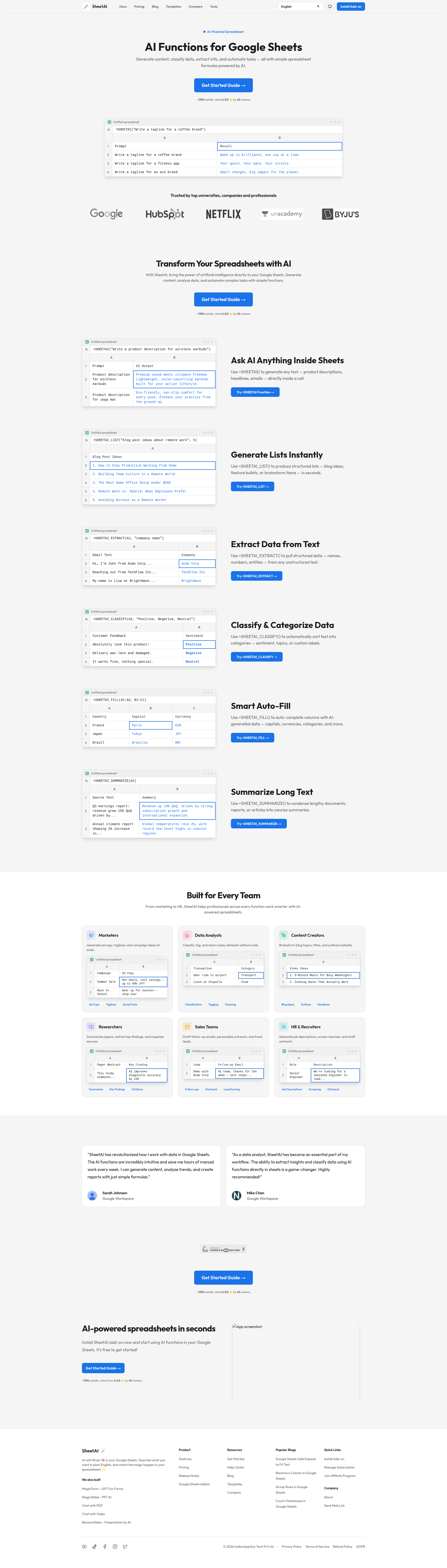Landing page screenshot for sheetai.app, 1920 by 6729 pixels
