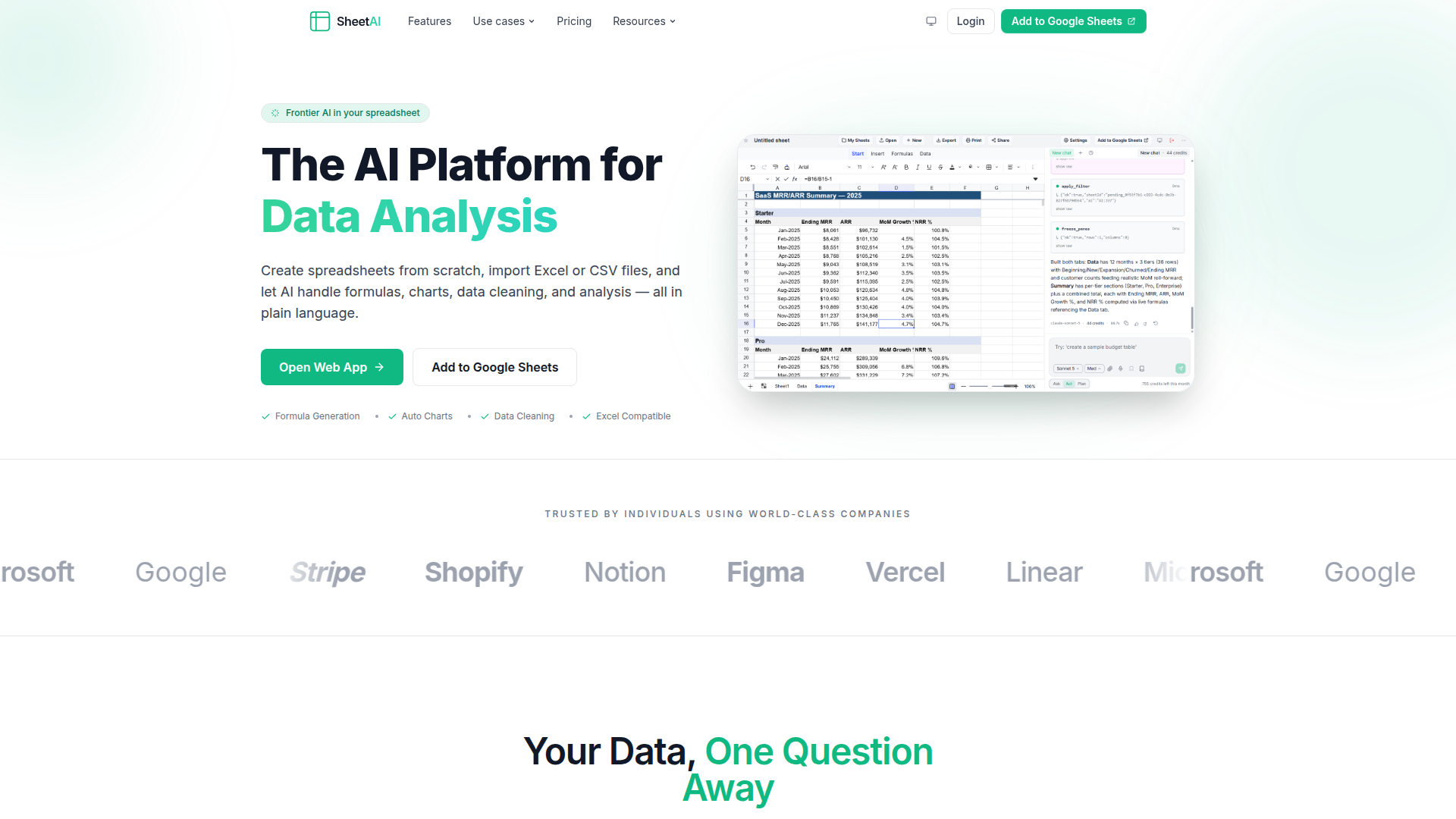 Landing page screenshot for sheetai.co, 1920 by 1080 pixels