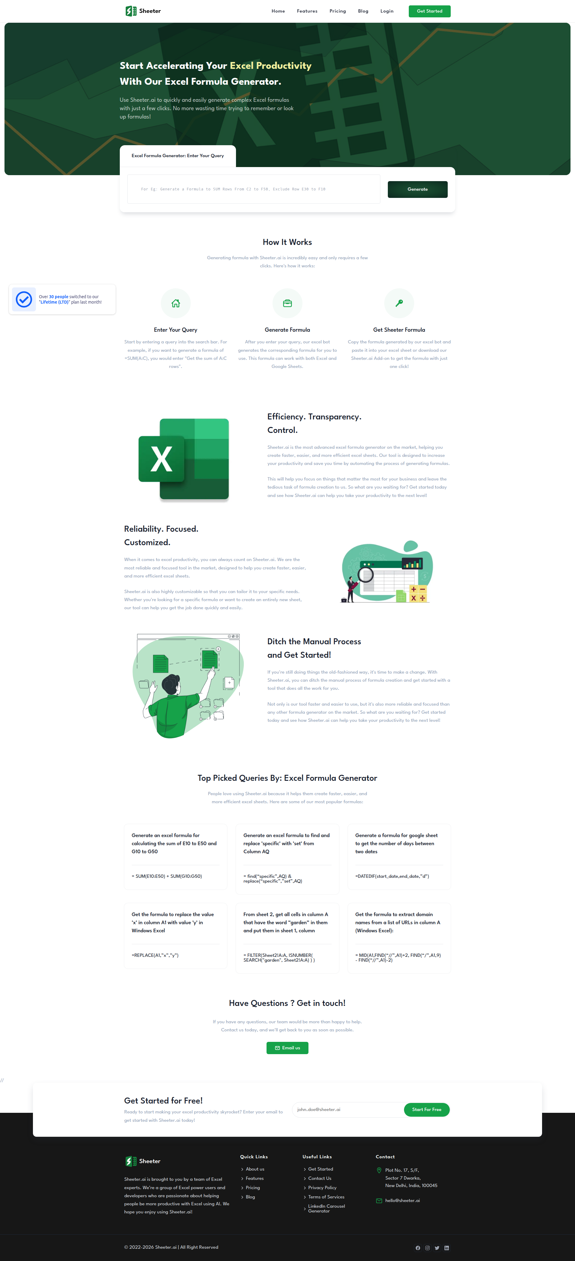 Landing page screenshot for sheeter.ai, 1920 by 4212 pixels