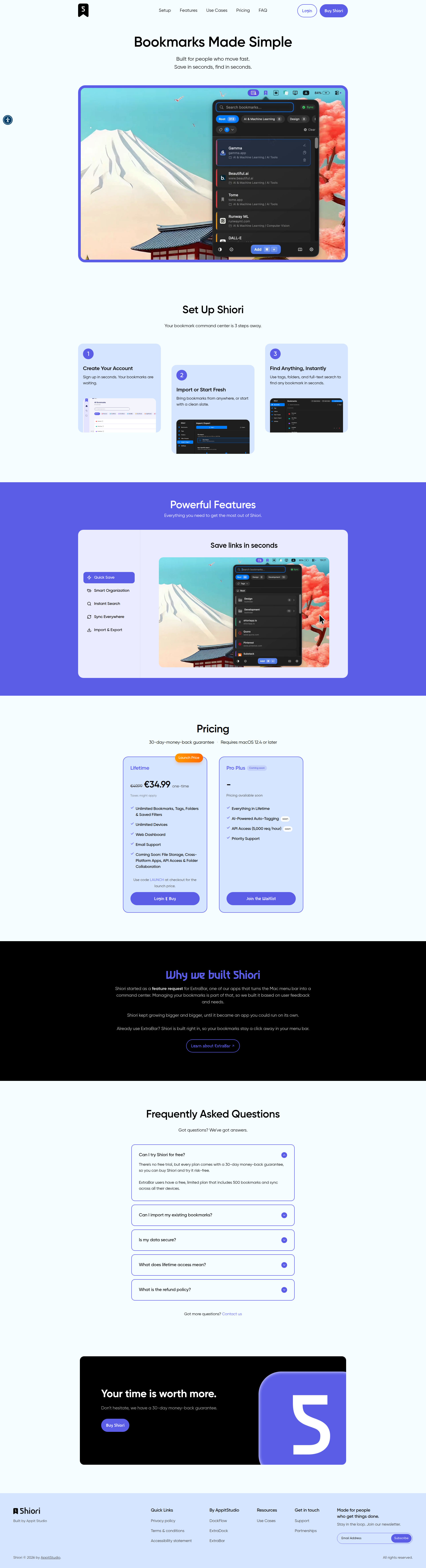 Landing page screenshot for shioriapp.io, 1920 by 7059 pixels