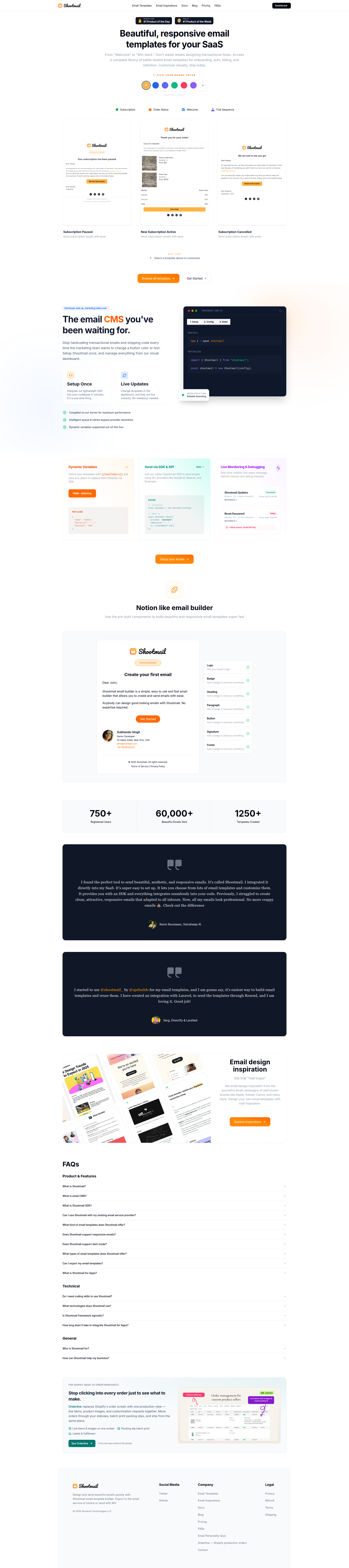 Landing page screenshot for shootmail.app, 1920 by 8623 pixels
