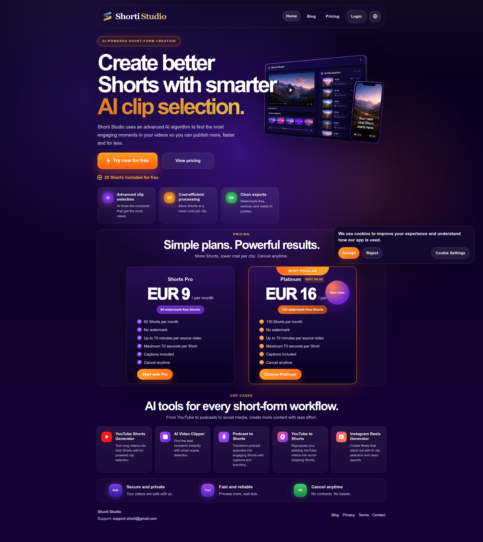 Landing page screenshot for getshorti.com, 1920 by 2151 pixels