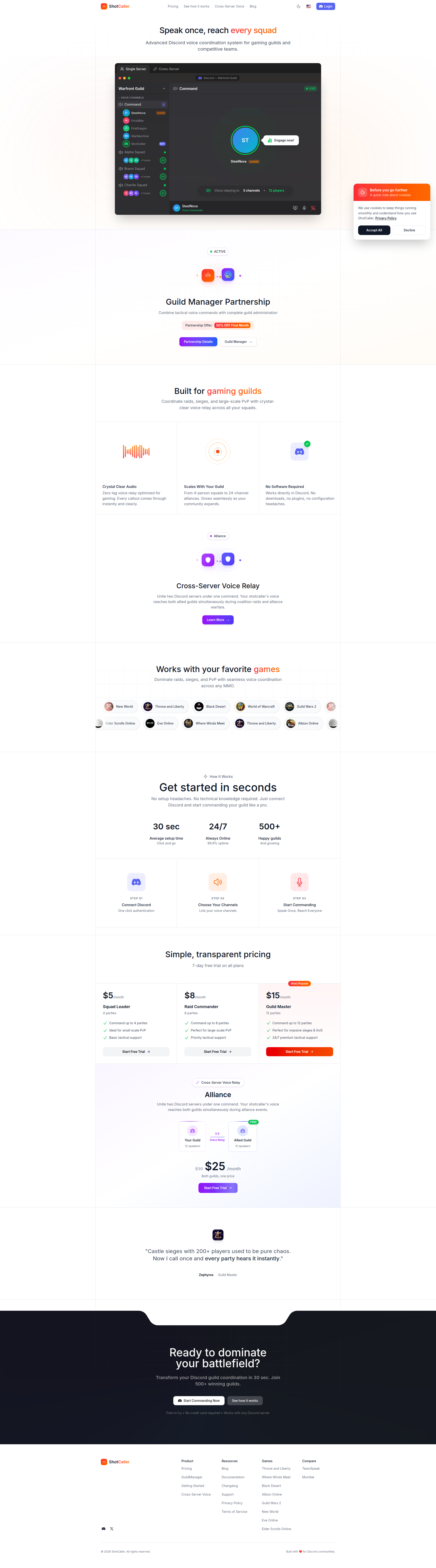 Landing page screenshot for shotcaller.bot, 1920 by 6906 pixels