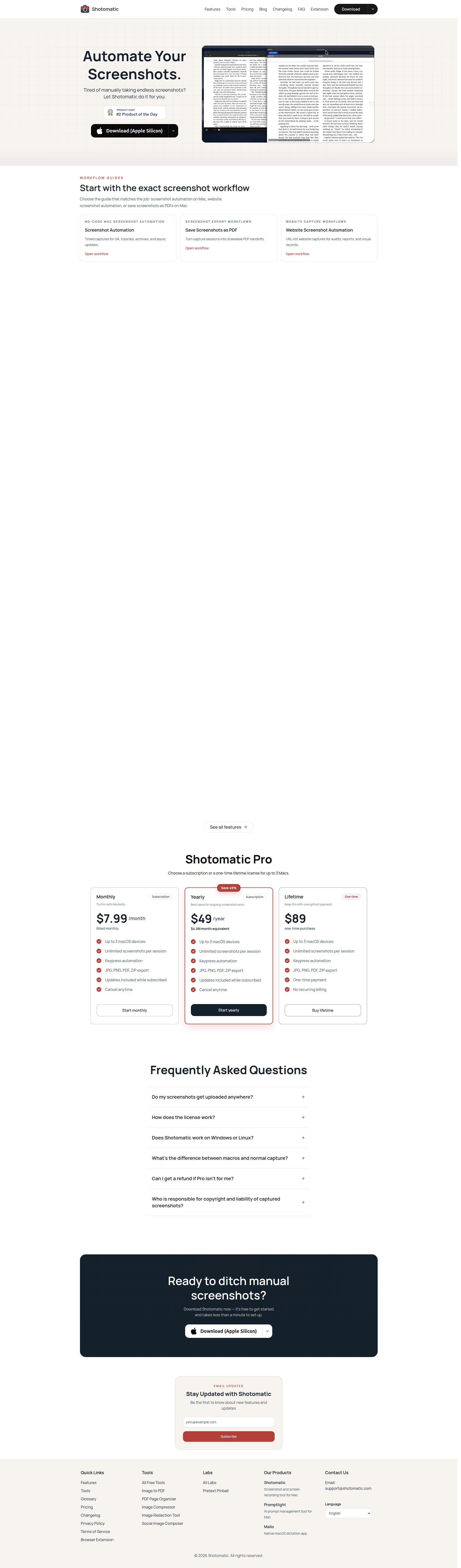 Landing page screenshot for shotomatic.com, 1920 by 6534 pixels