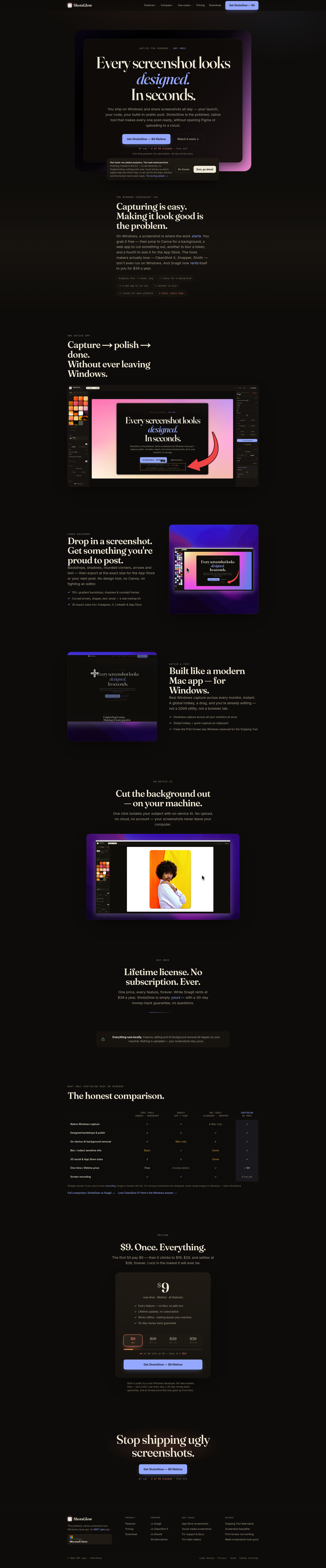 Landing page screenshot for shotsglow.com, 1920 by 9238 pixels