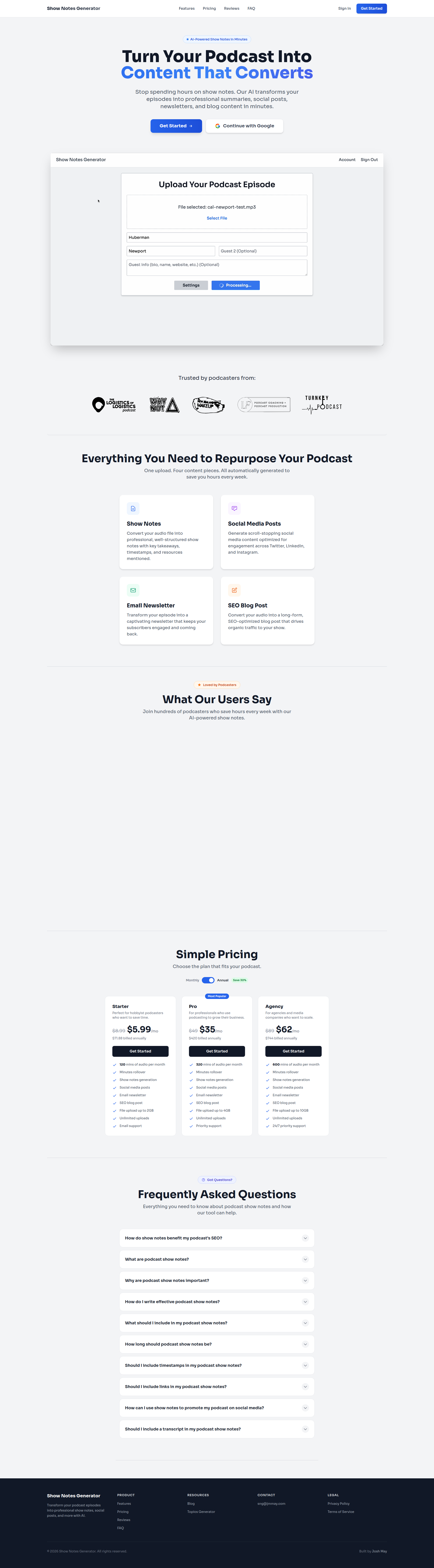 Landing page screenshot for shownotesgenerator.com, 1920 by 6944 pixels