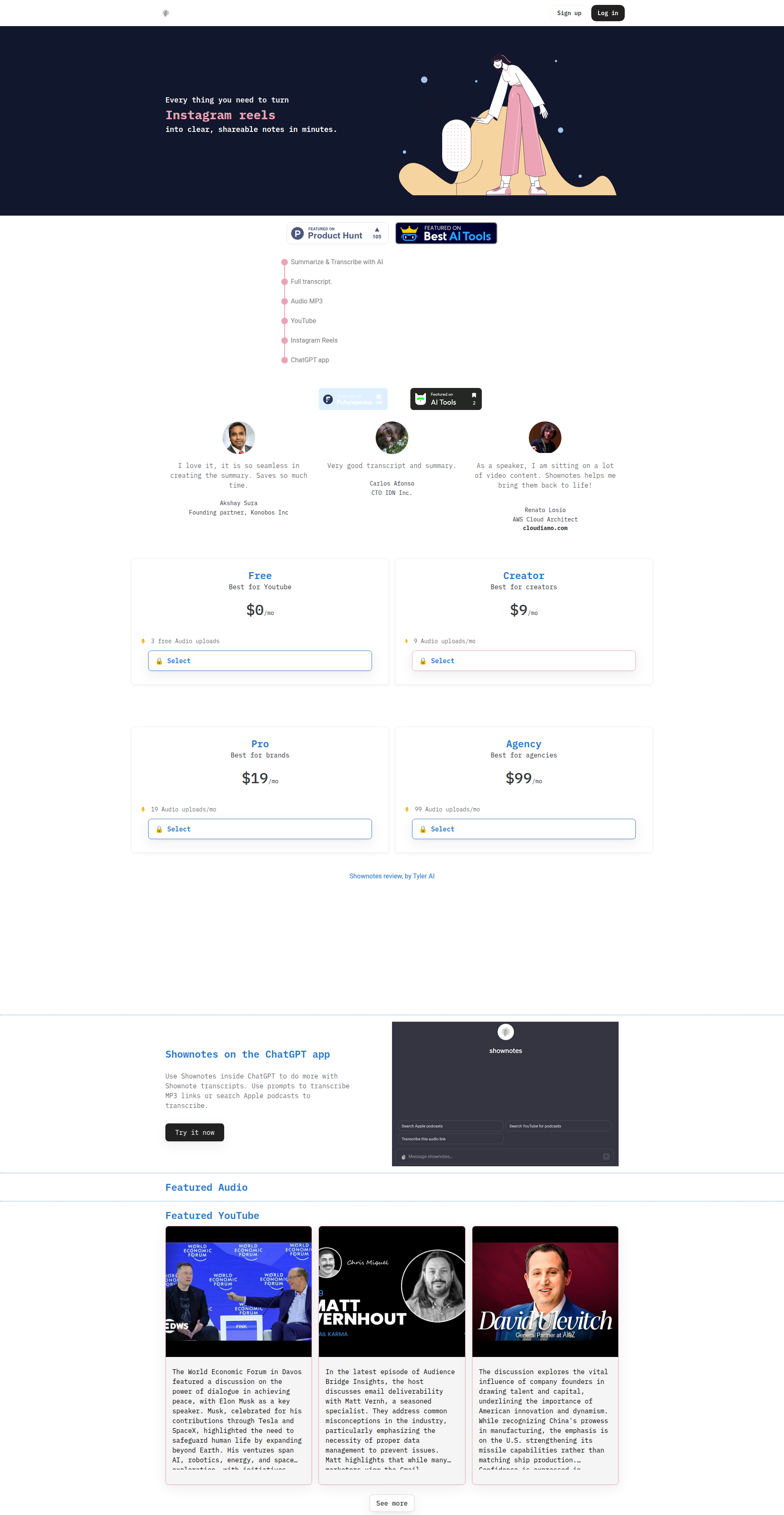 Landing page screenshot for shownotes.io, 1920 by 3710 pixels