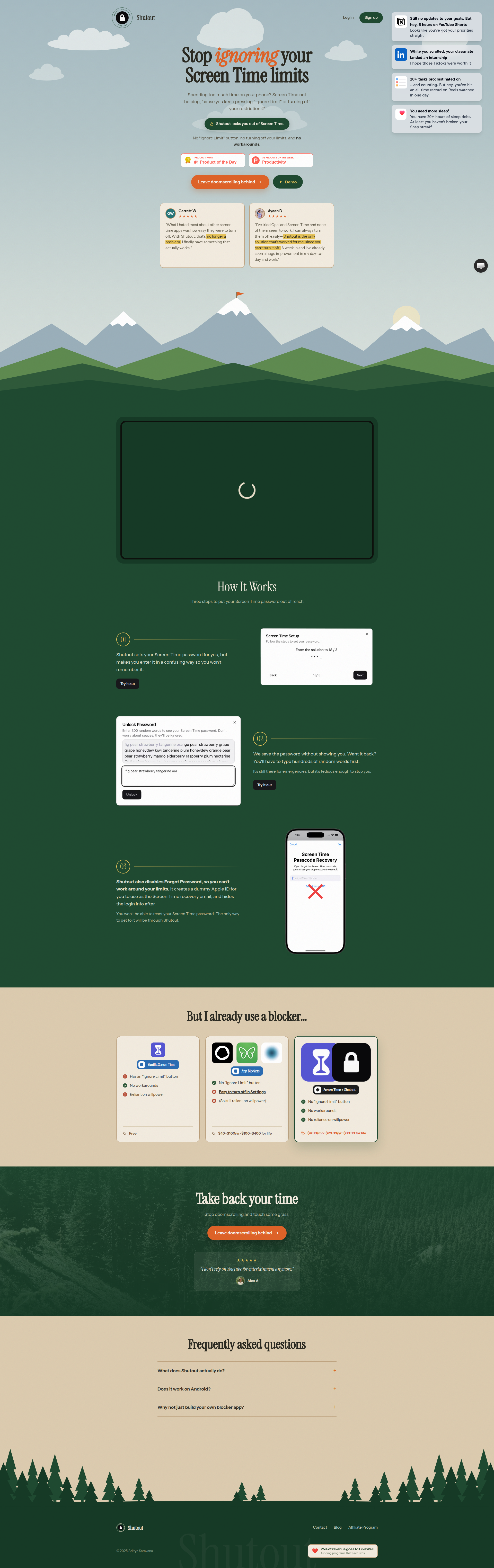 Landing page screenshot for shutout.app, 1920 by 6096 pixels