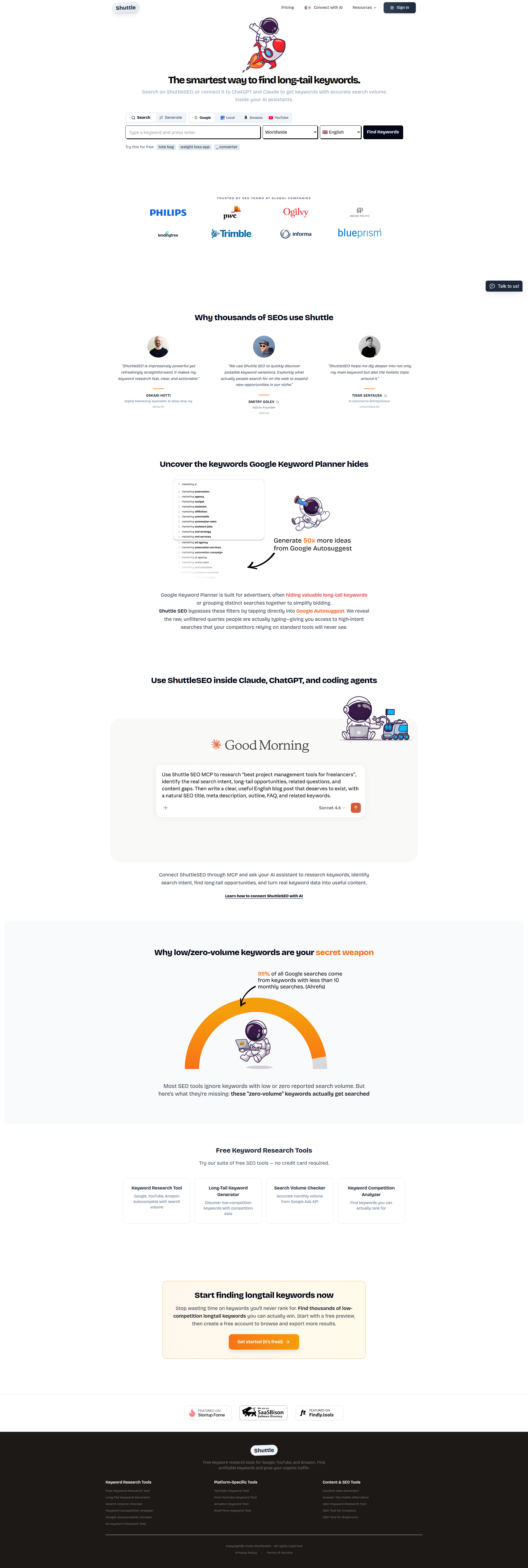 Landing page screenshot for shuttleseo.com, 1920 by 5700 pixels