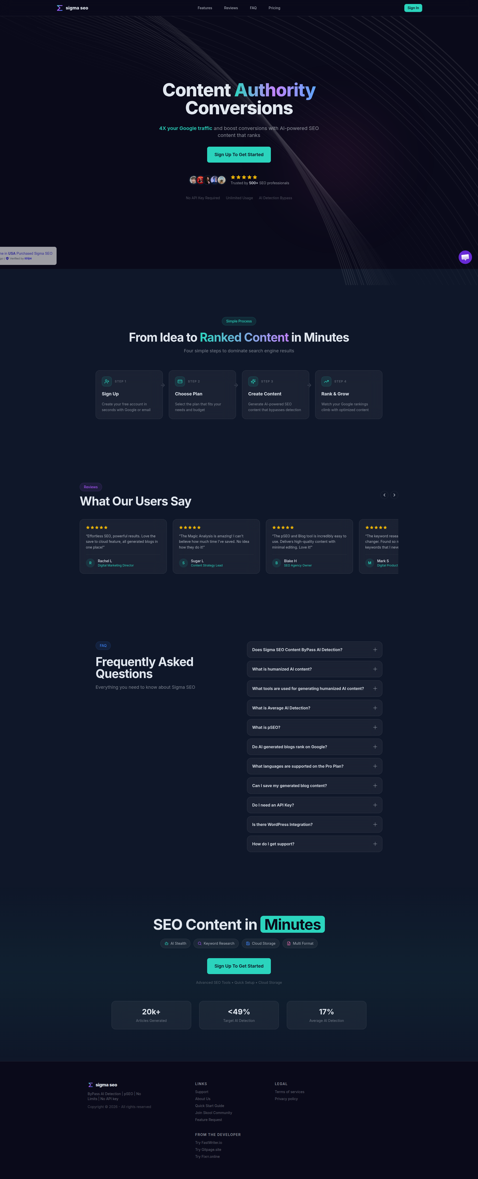 Landing page screenshot for sigmaseo.io, 1920 by 4735 pixels