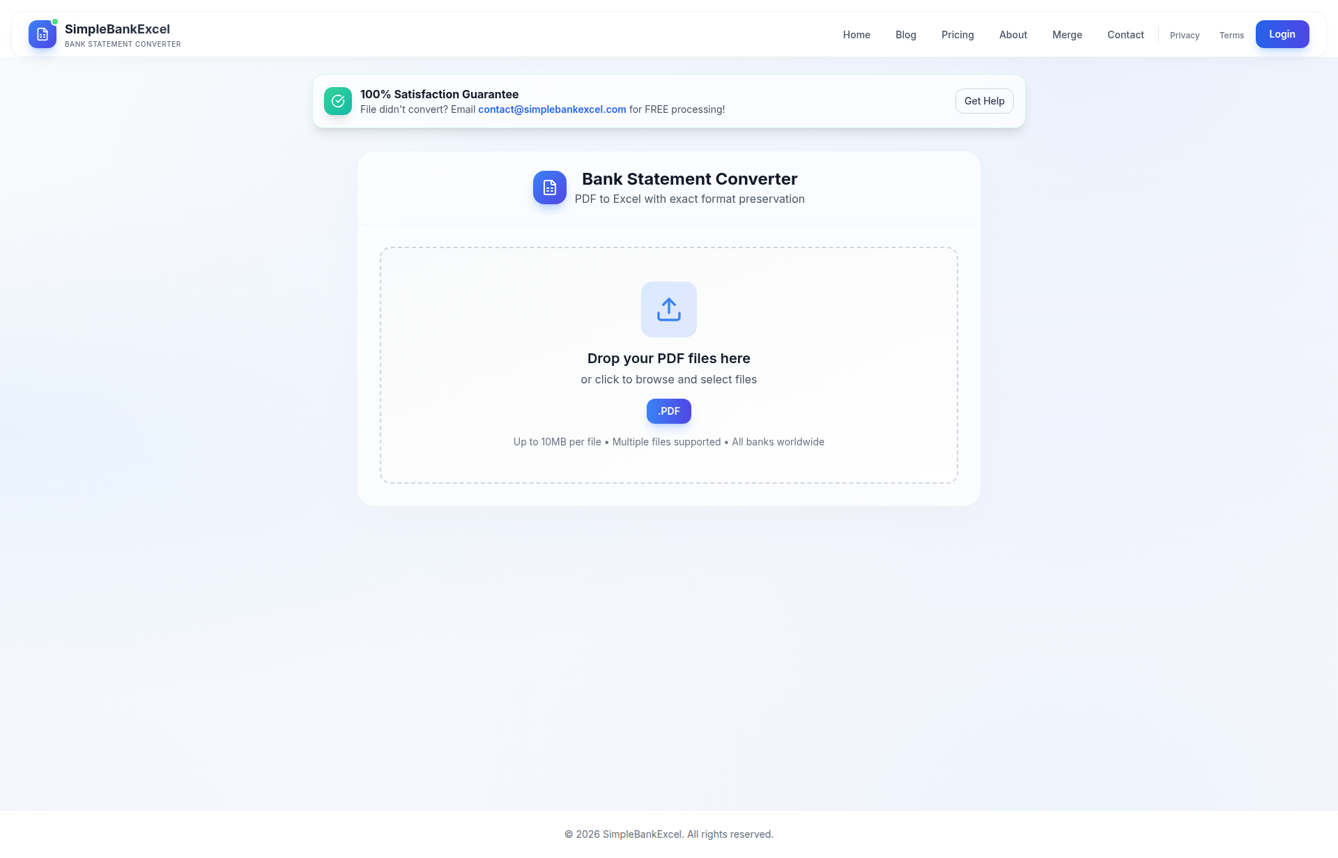 Landing page screenshot for simplebankexcel.com, 1920 by 1231 pixels