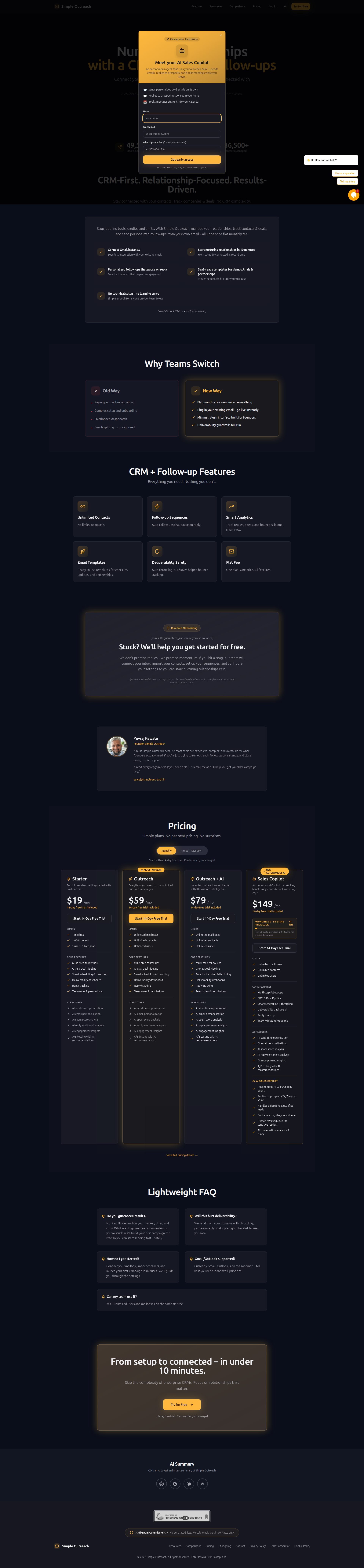 Landing page screenshot for simpleoutreach.in, 1920 by 8283 pixels