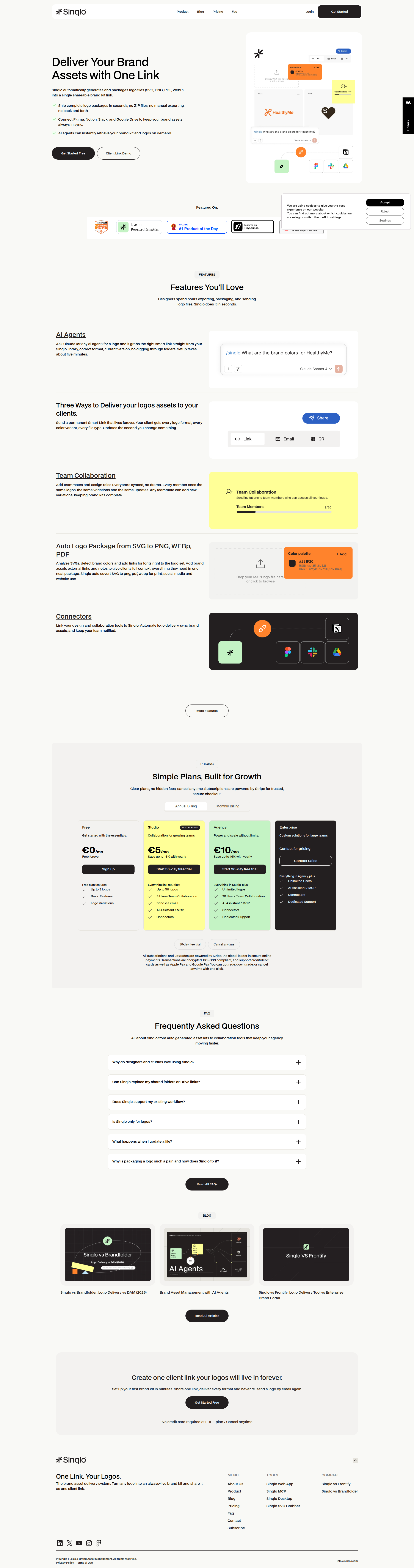 Landing page screenshot for sinqlo.com, 1920 by 7269 pixels