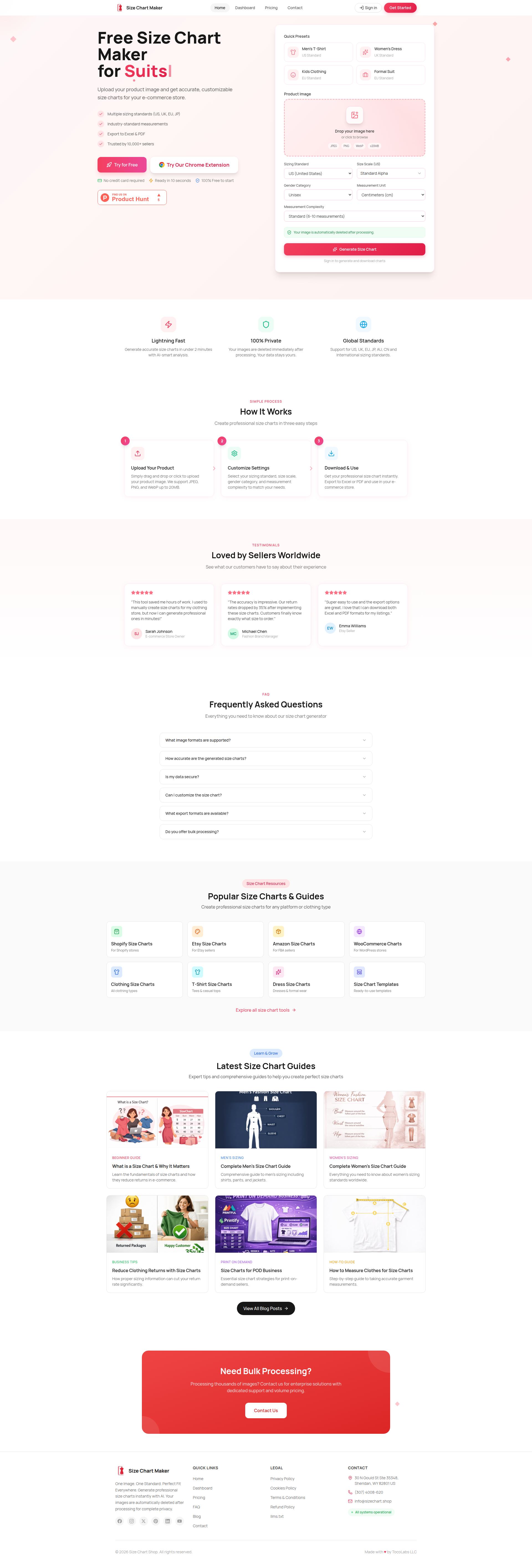 Landing page screenshot for sizechart.shop, 1920 by 5654 pixels