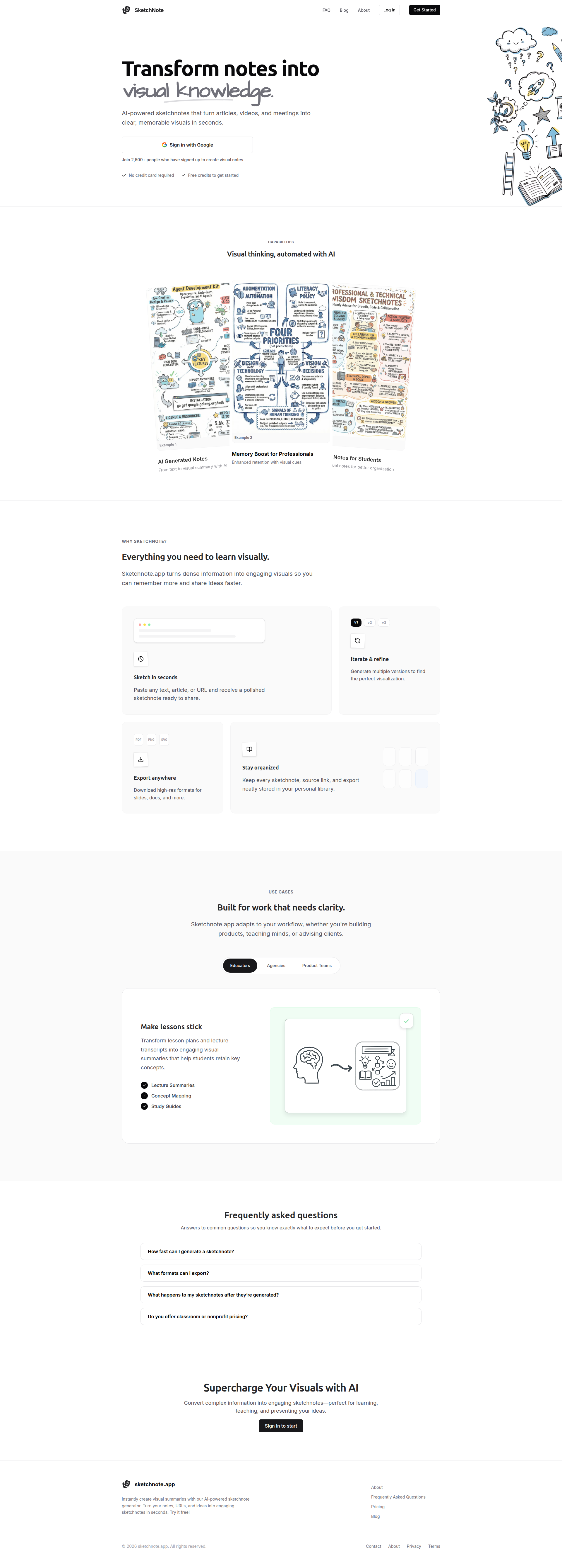 Landing page screenshot for sketchnote.app, 1920 by 5349 pixels